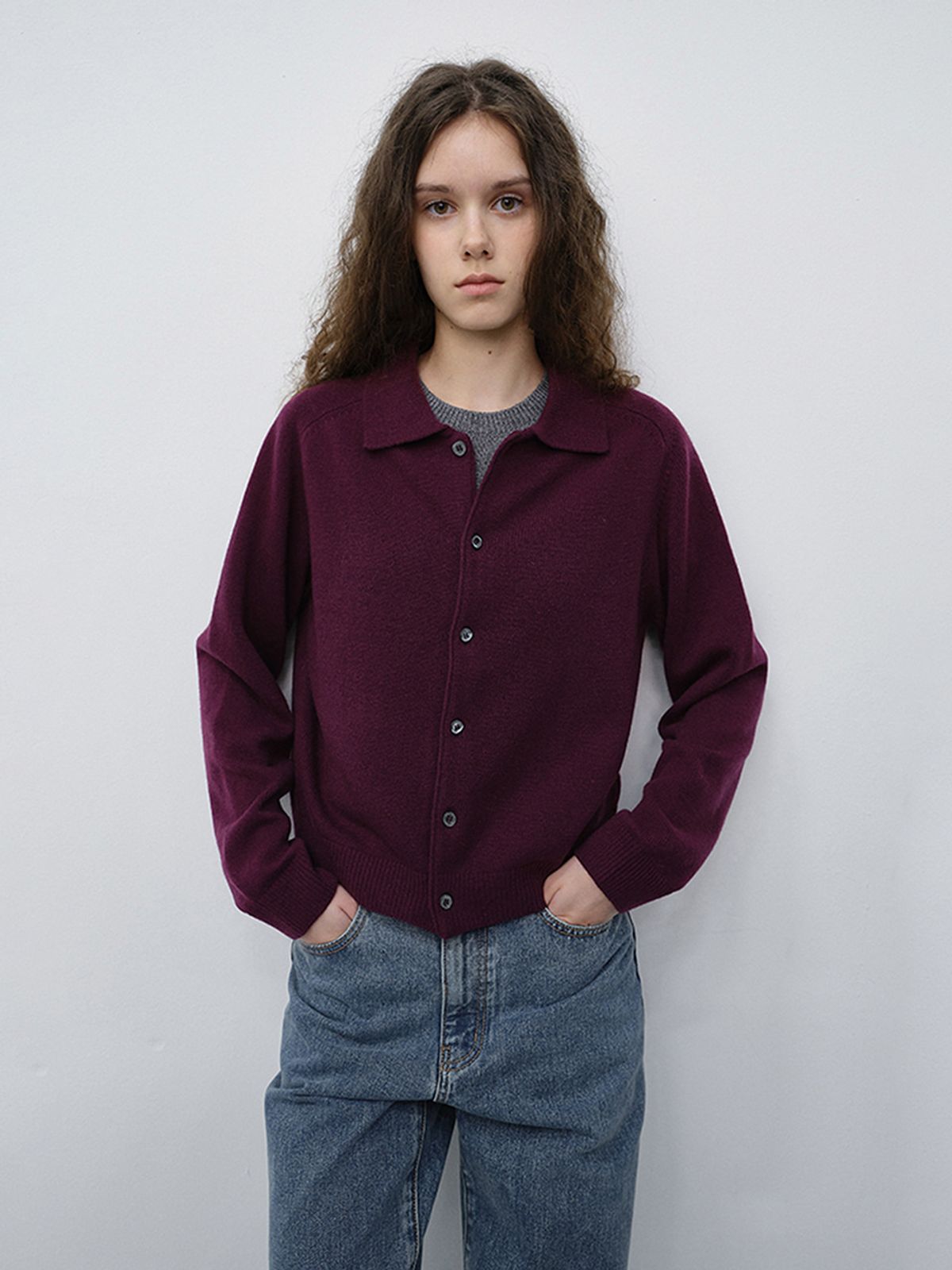 던스트(DUNST) UNISEX COLLARED KNIT CARDIGAN_UDSW6C102_PLUM PURPLE