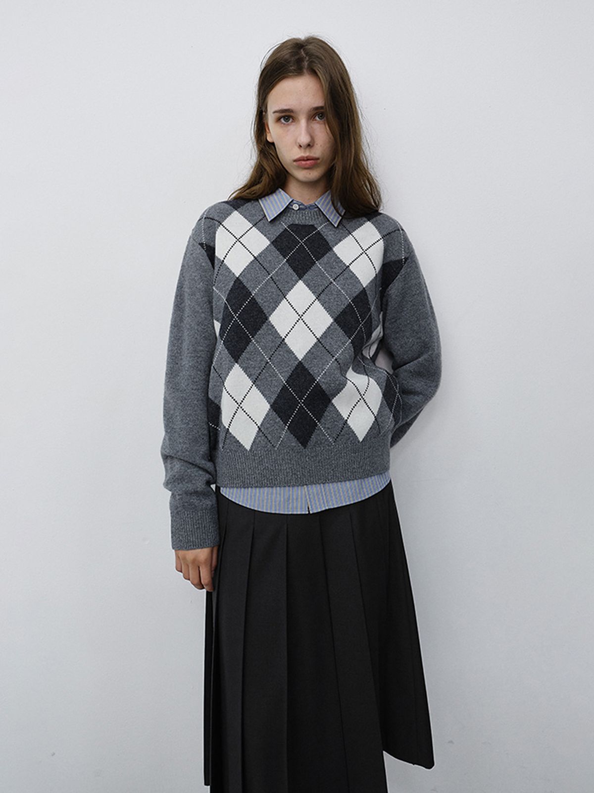 던스트(DUNST) UNISEX ARGYLE CREWNECK SWEATER_UDSW6C116_GREY