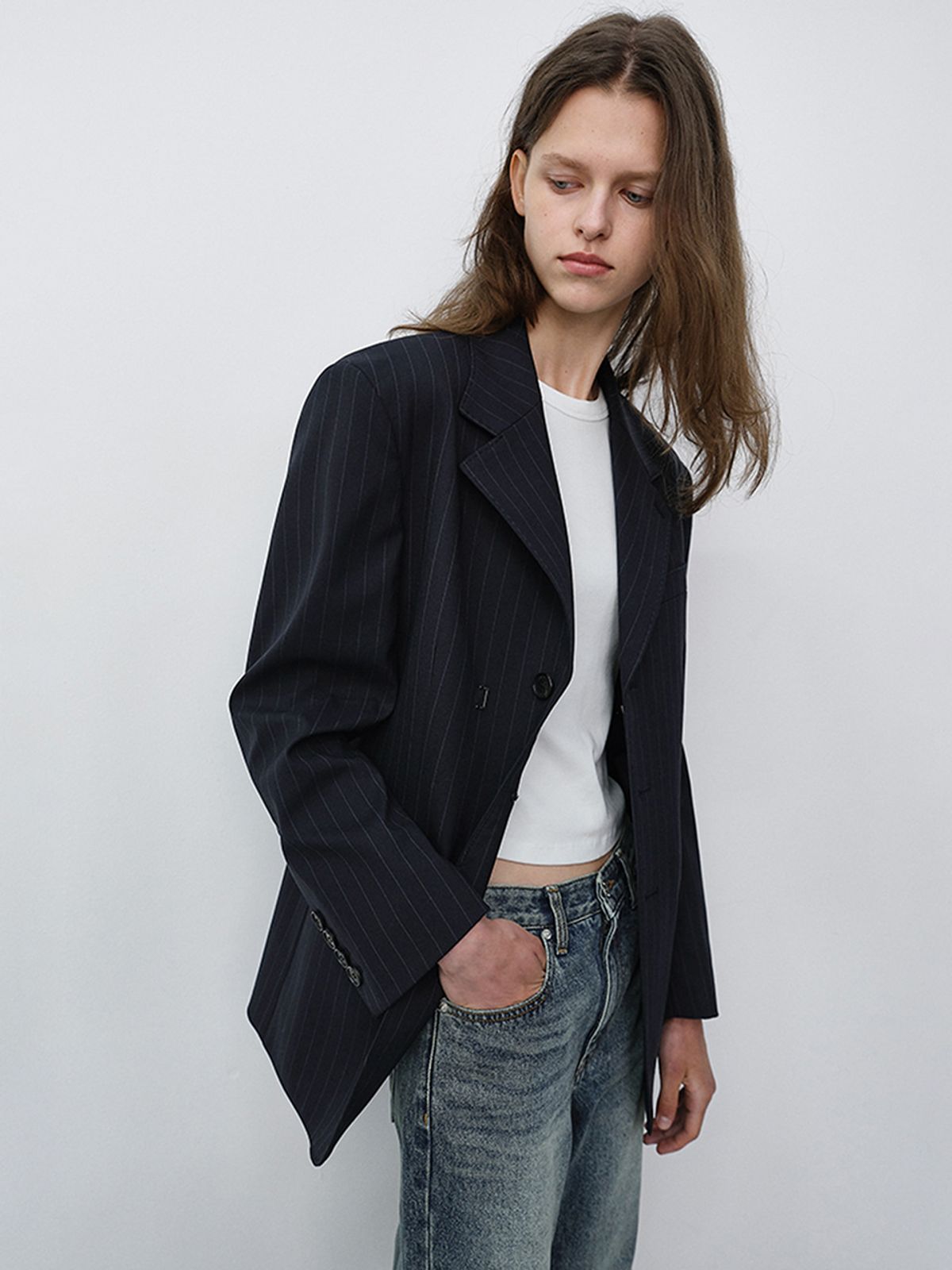 던스트(DUNST) UNISEX REFINED MASCULINE WOOL BLAZER_UDJA6C105_NAVY STRIPE