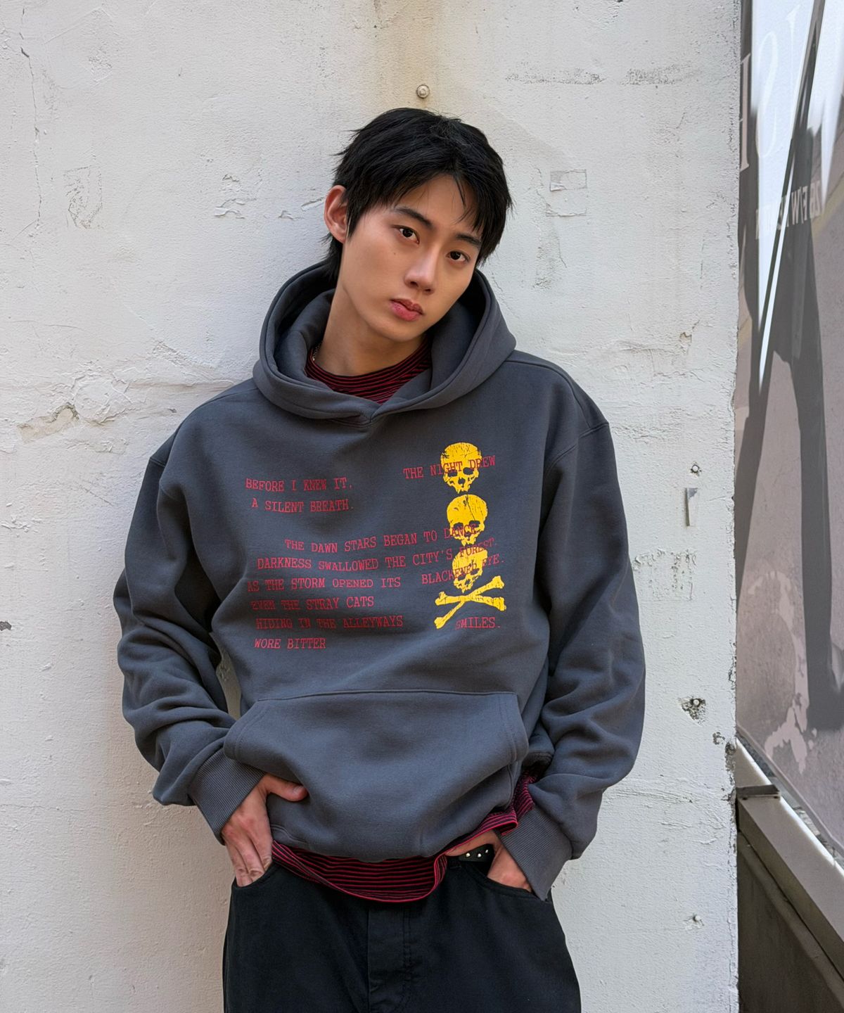 아모우(AMOU) [기모] Skull Letter Hoodie CHACOAL GRAY