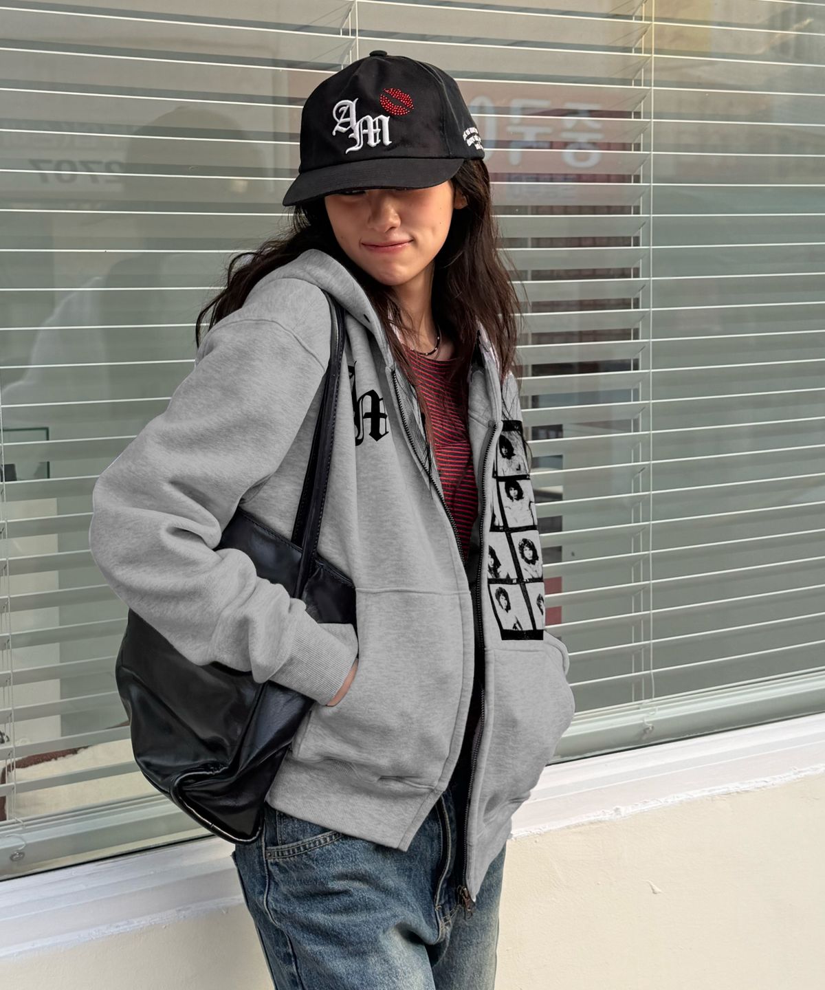 아모우(AMOU) [기모] AM hippy Hoodie Zip-up GRAY