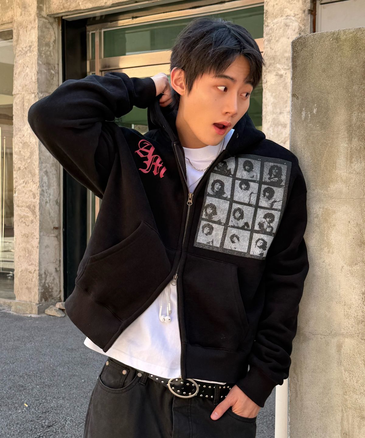 아모우(AMOU) [기모] AM hippy Hoodie Zip-up BLACK