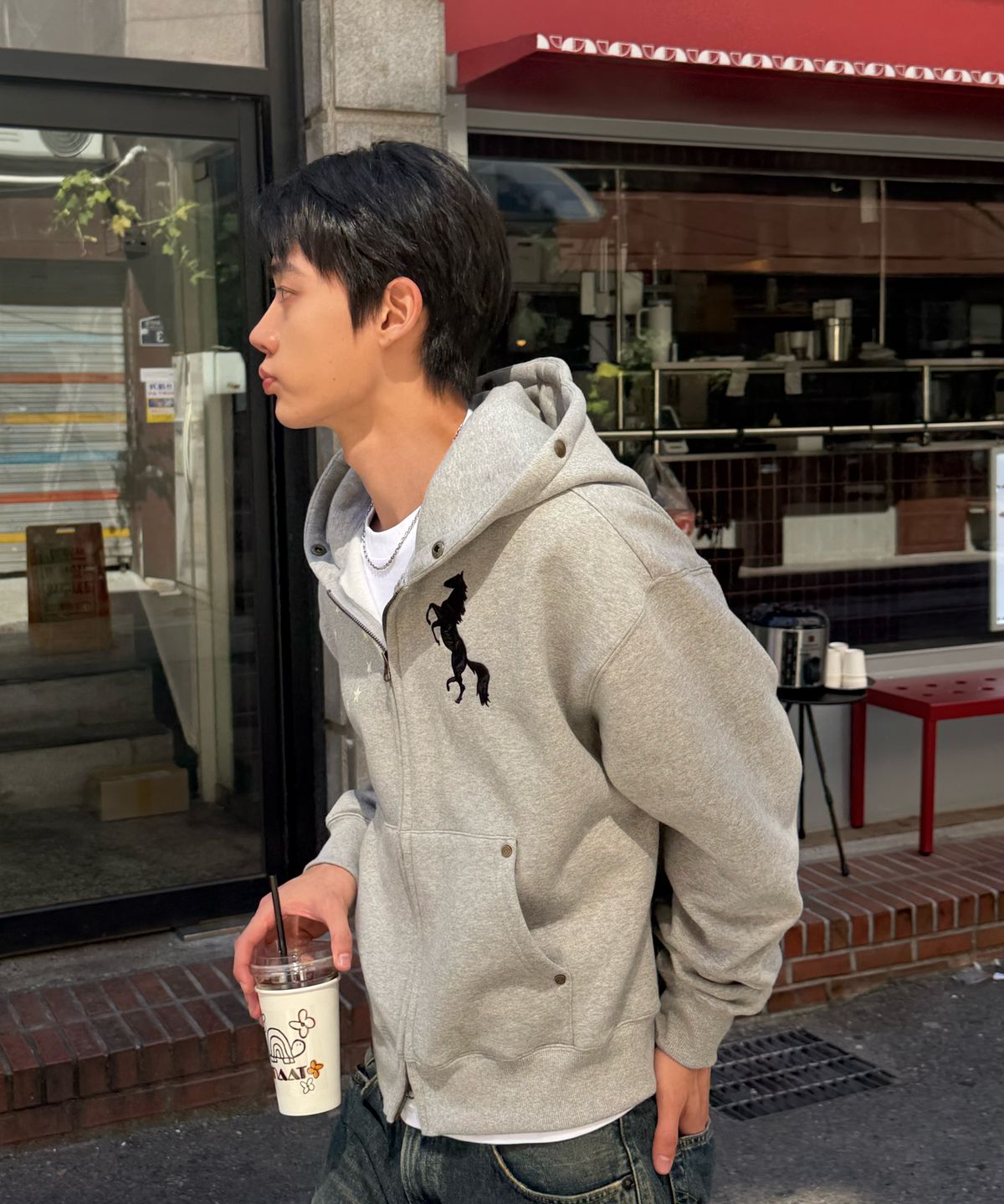 아모우(AMOU) [기모] AMOU Pony Fur Hoodie Zip-up GRAY
