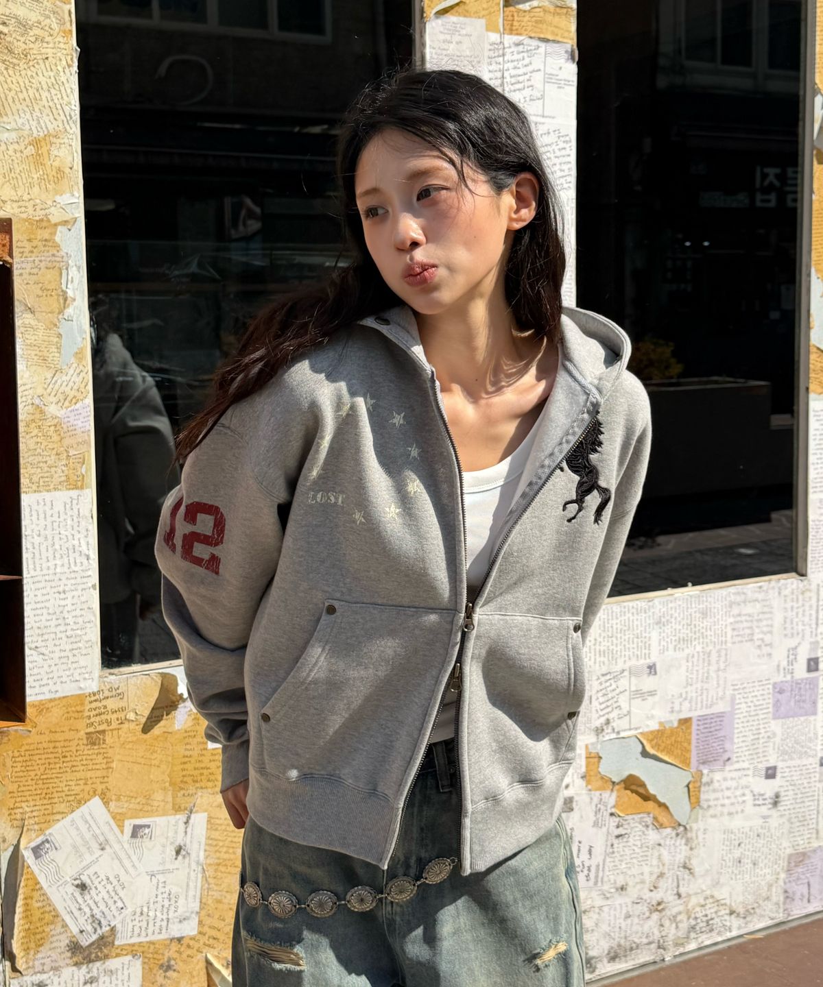 아모우(AMOU) [기모] AMOU Pony Fur Hoodie Zip-up GRAY
