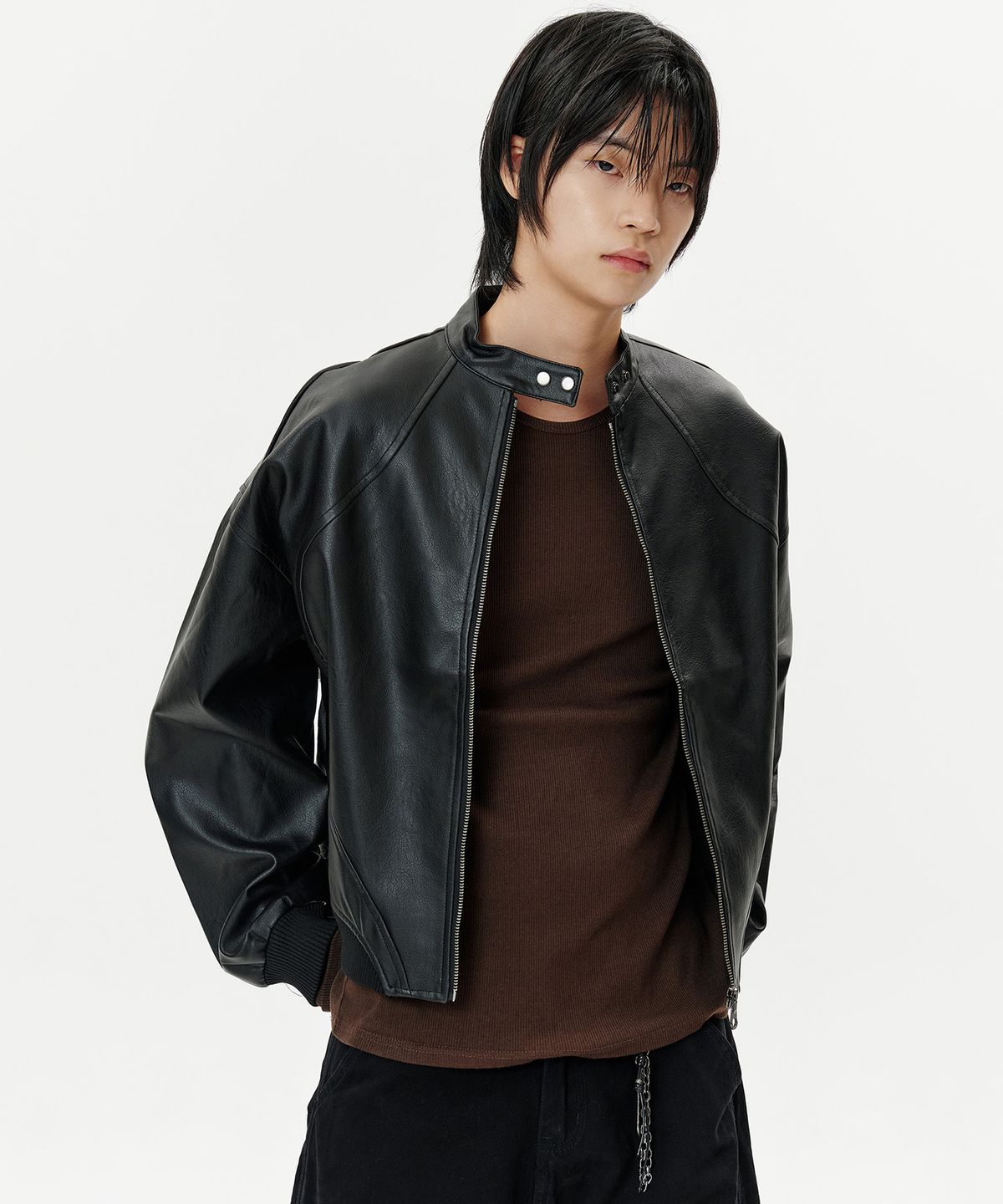 딥센스(DEEP SENSE) High Neck Snap Leather Jacket - black