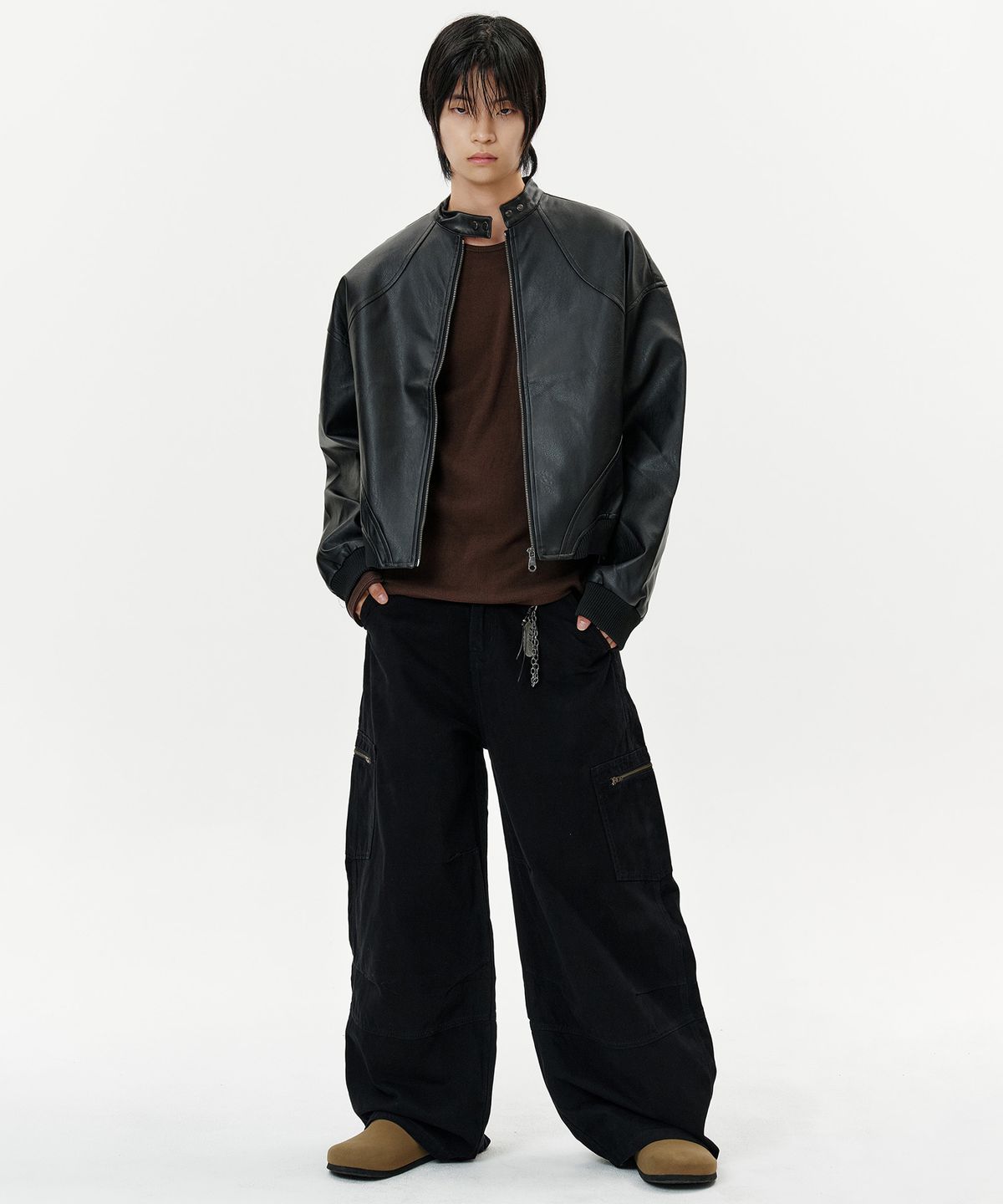 딥센스(DEEP SENSE) High Neck Snap Leather Jacket - black