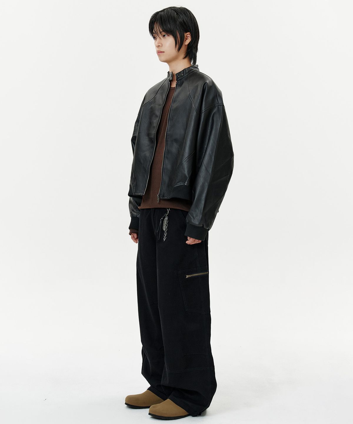 딥센스(DEEP SENSE) High Neck Snap Leather Jacket - black