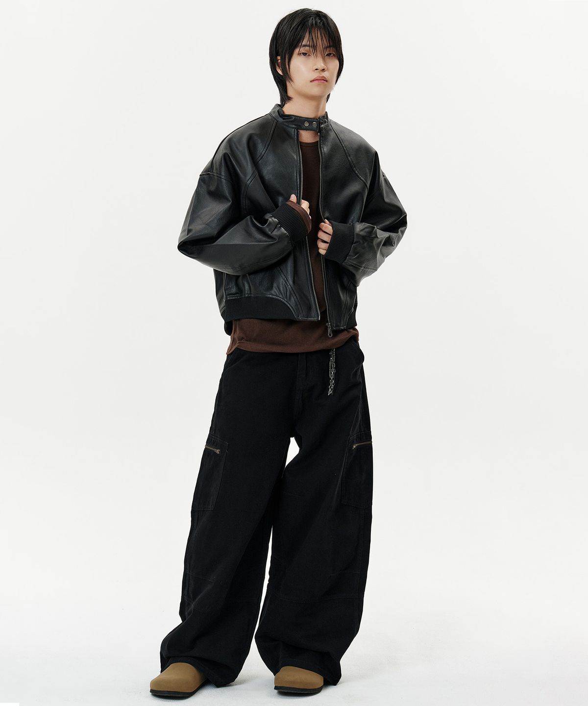 딥센스(DEEP SENSE) High Neck Snap Leather Jacket - black
