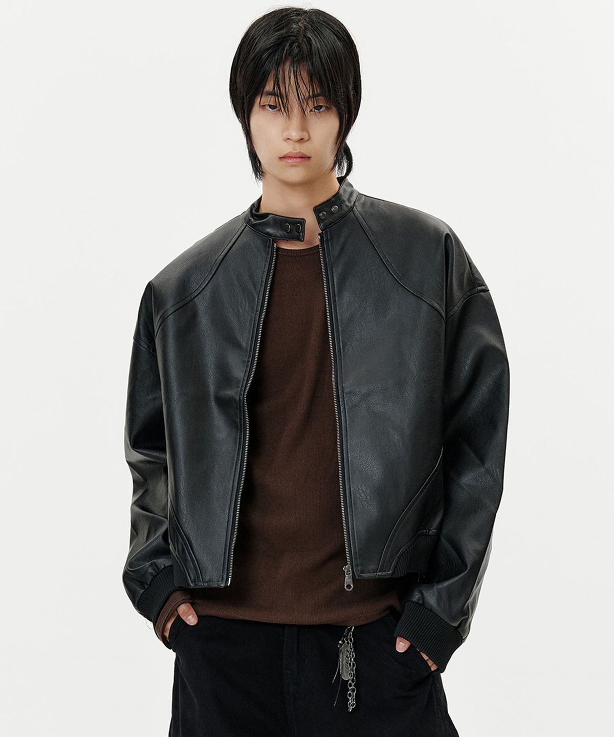 딥센스(DEEP SENSE) High Neck Snap Leather Jacket - black