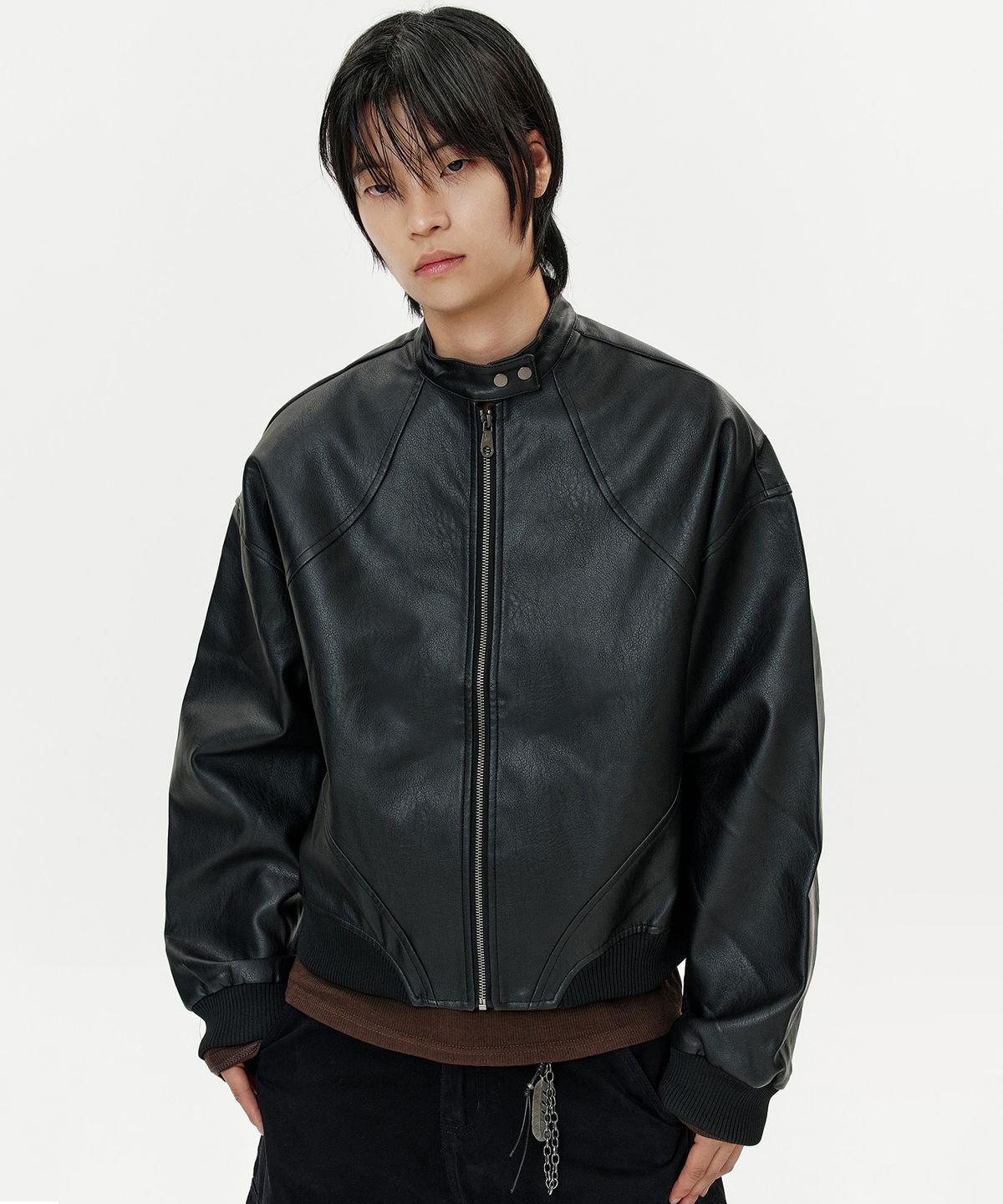 딥센스(DEEP SENSE) High Neck Snap Leather Jacket - black
