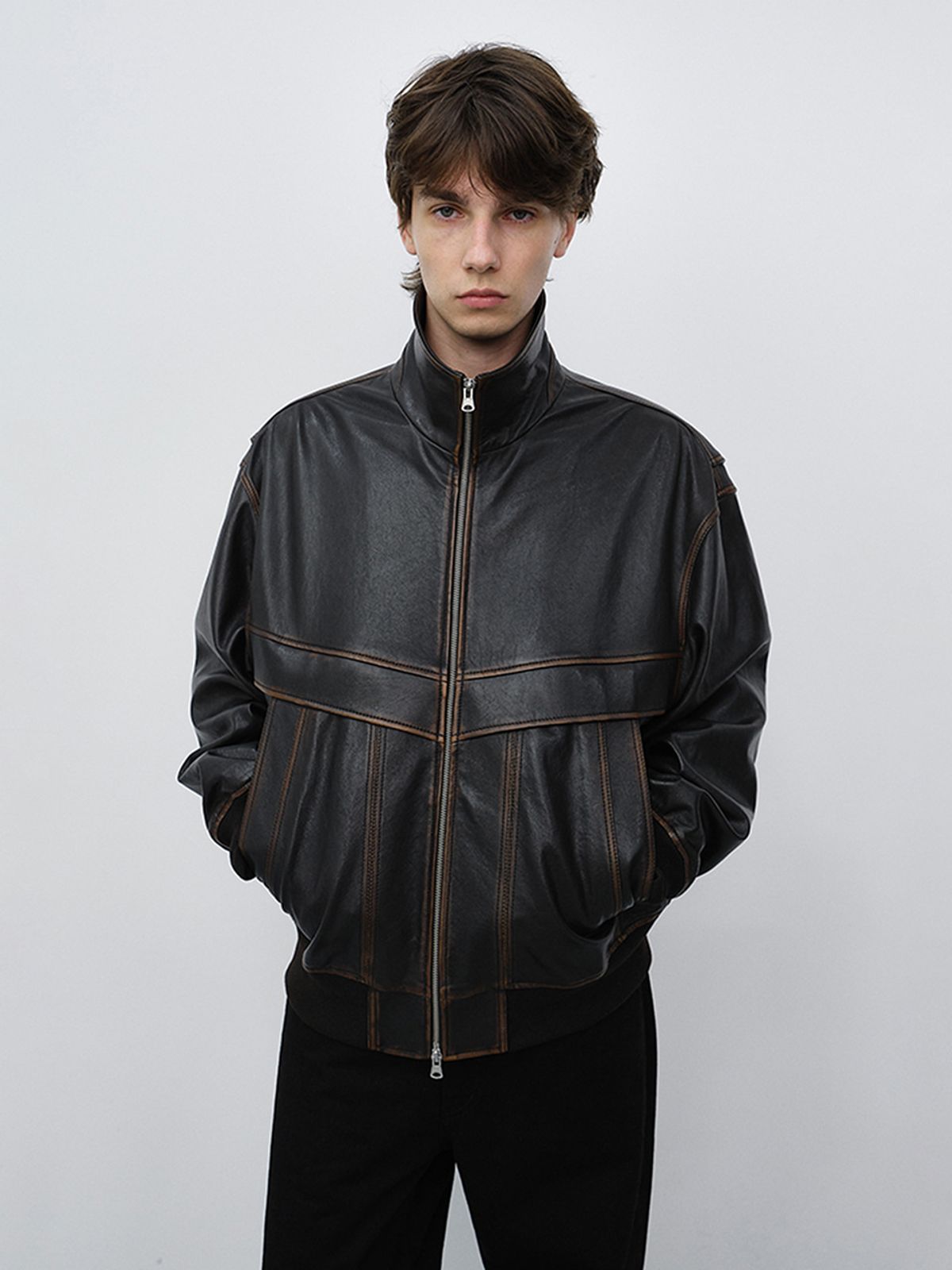 던스트 포 맨(DUNST FOR MEN) UNISEX STAND COLLARED LEATHER BLOUSON_UDJU6C103_BRUSHED BROWN