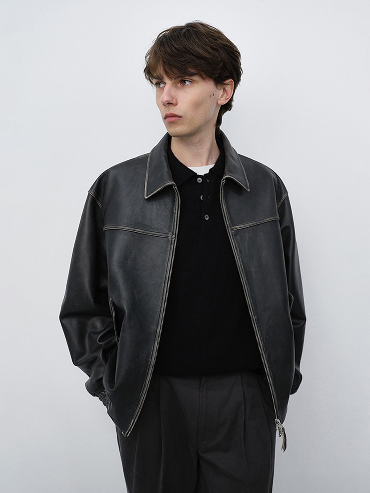 던스트 포 맨(DUNST FOR MEN) UNISEX REFINED LEATHER BLOUSON_UDJU6C101_BRUSHED BLACK