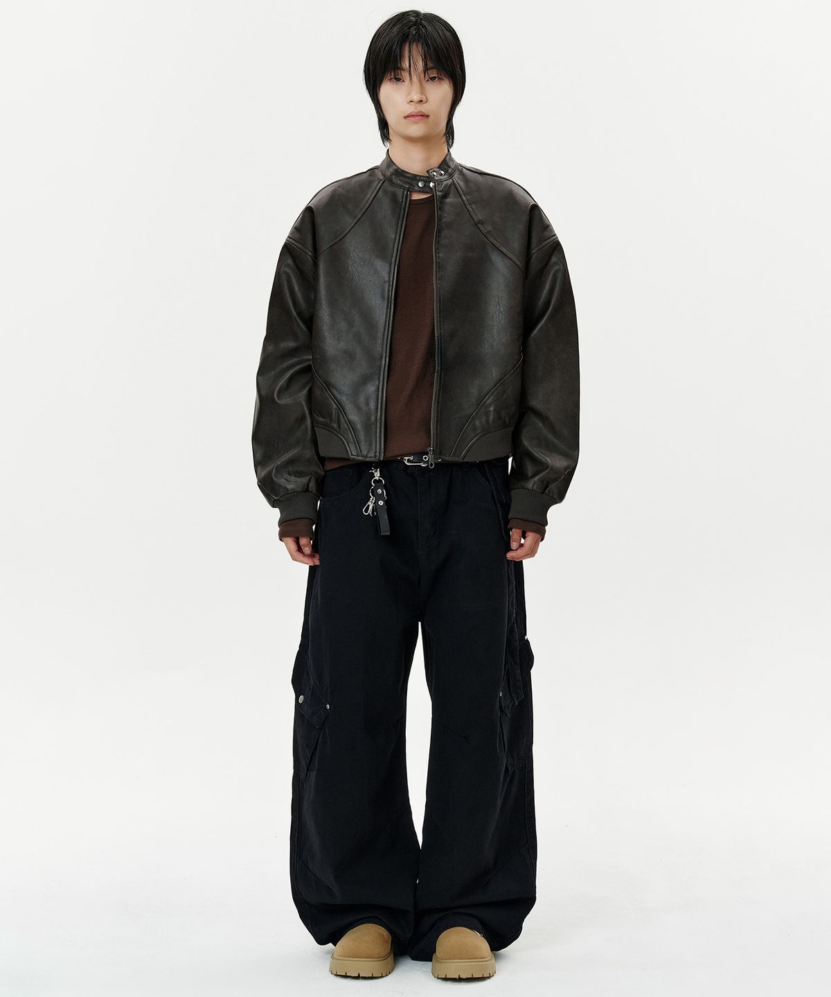 딥센스(DEEP SENSE) High Neck Snap Leather Jacket - brown