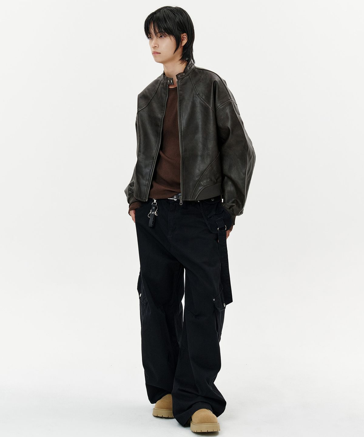딥센스(DEEP SENSE) High Neck Snap Leather Jacket - brown