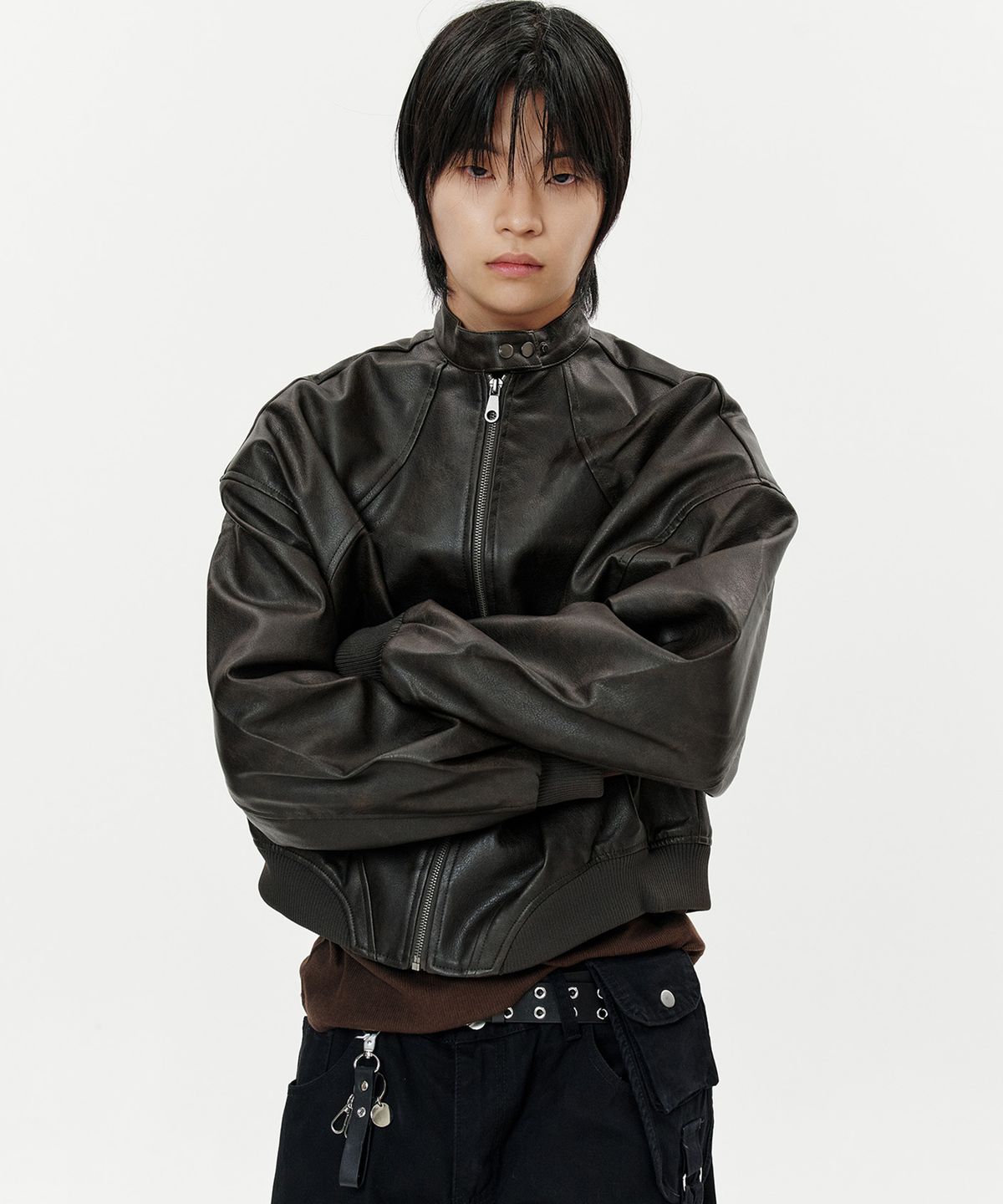 딥센스(DEEP SENSE) High Neck Snap Leather Jacket - brown