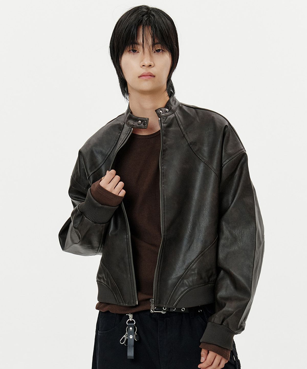 딥센스(DEEP SENSE) High Neck Snap Leather Jacket - brown
