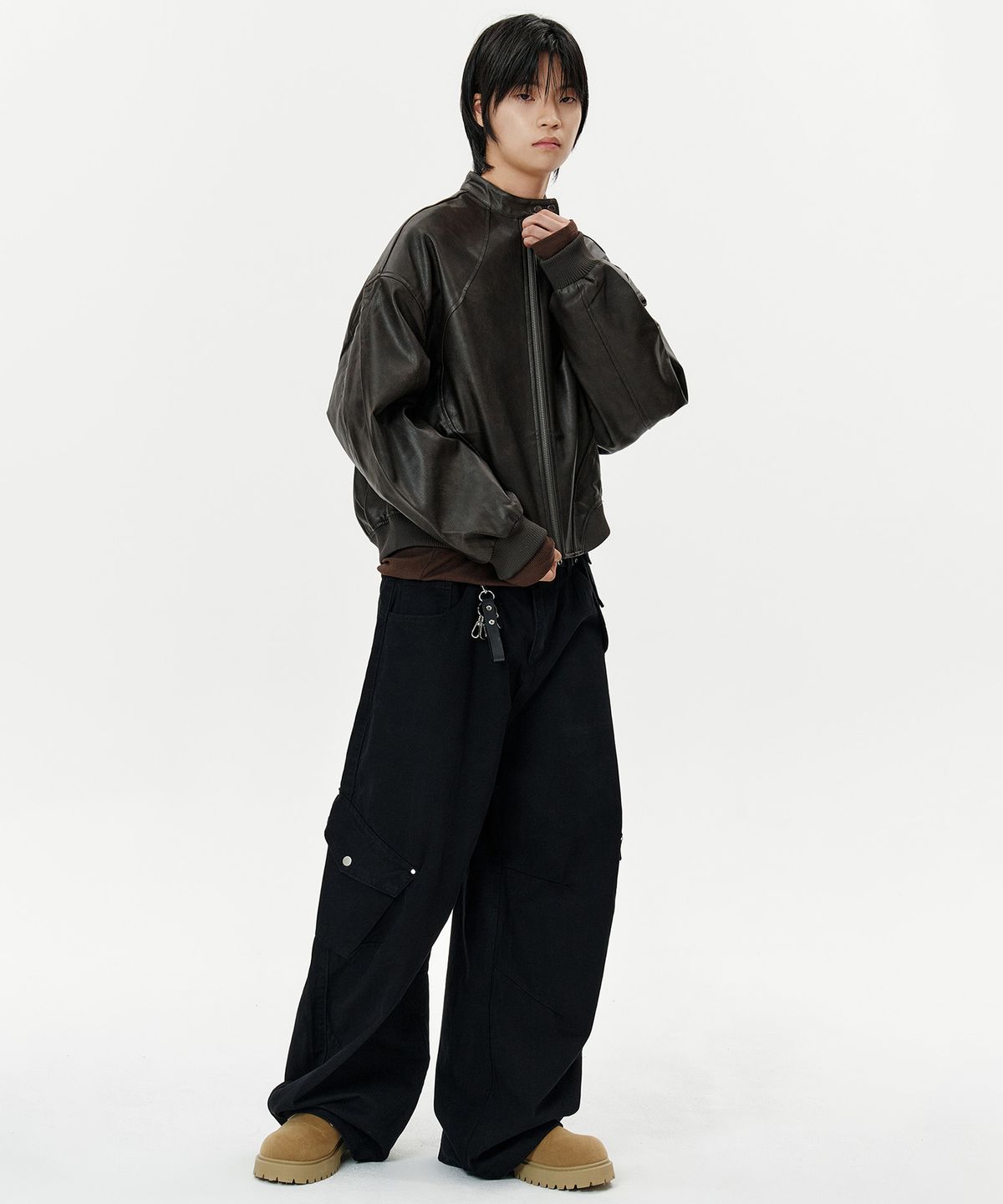 딥센스(DEEP SENSE) High Neck Snap Leather Jacket - brown