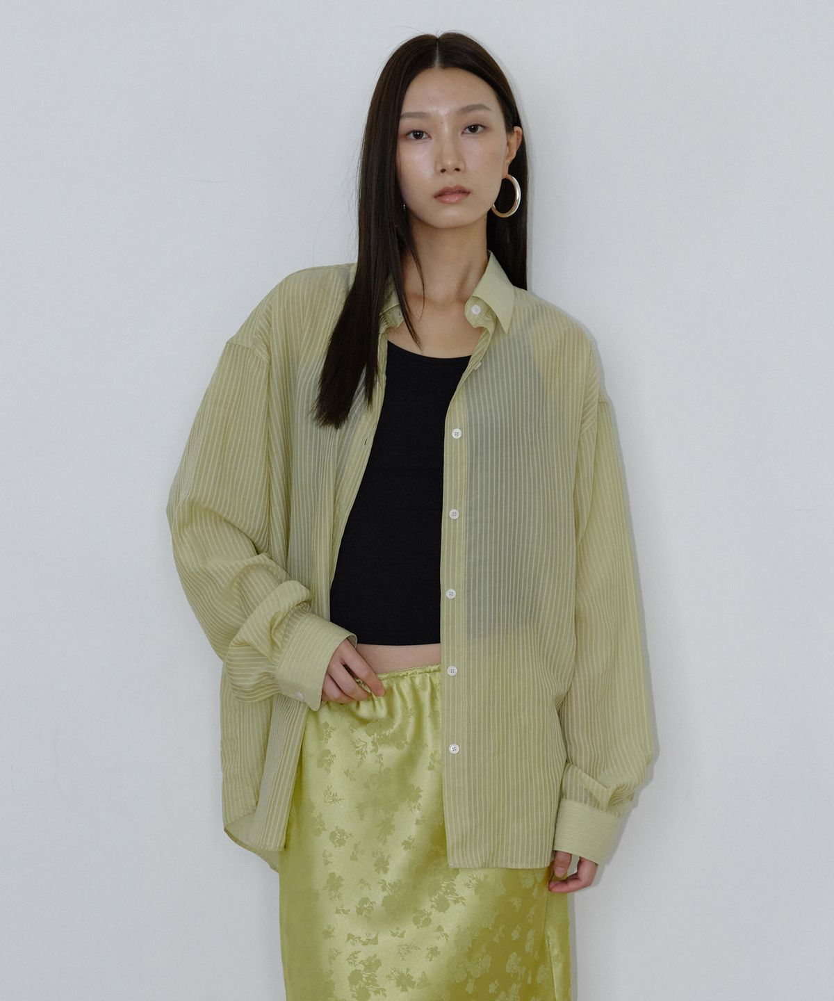 마이스(MAIS) SHEER STRIPE OVERSIZED SHIRT / OLIVE