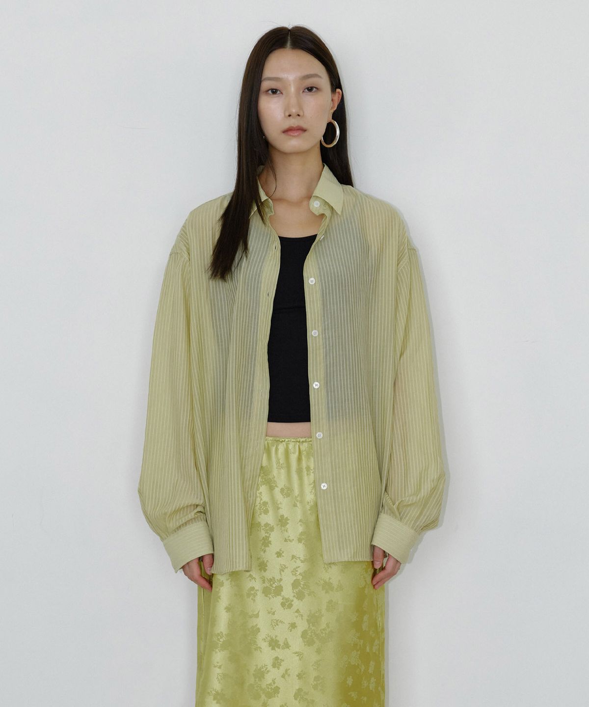 마이스(MAIS) SHEER STRIPE OVERSIZED SHIRT / OLIVE