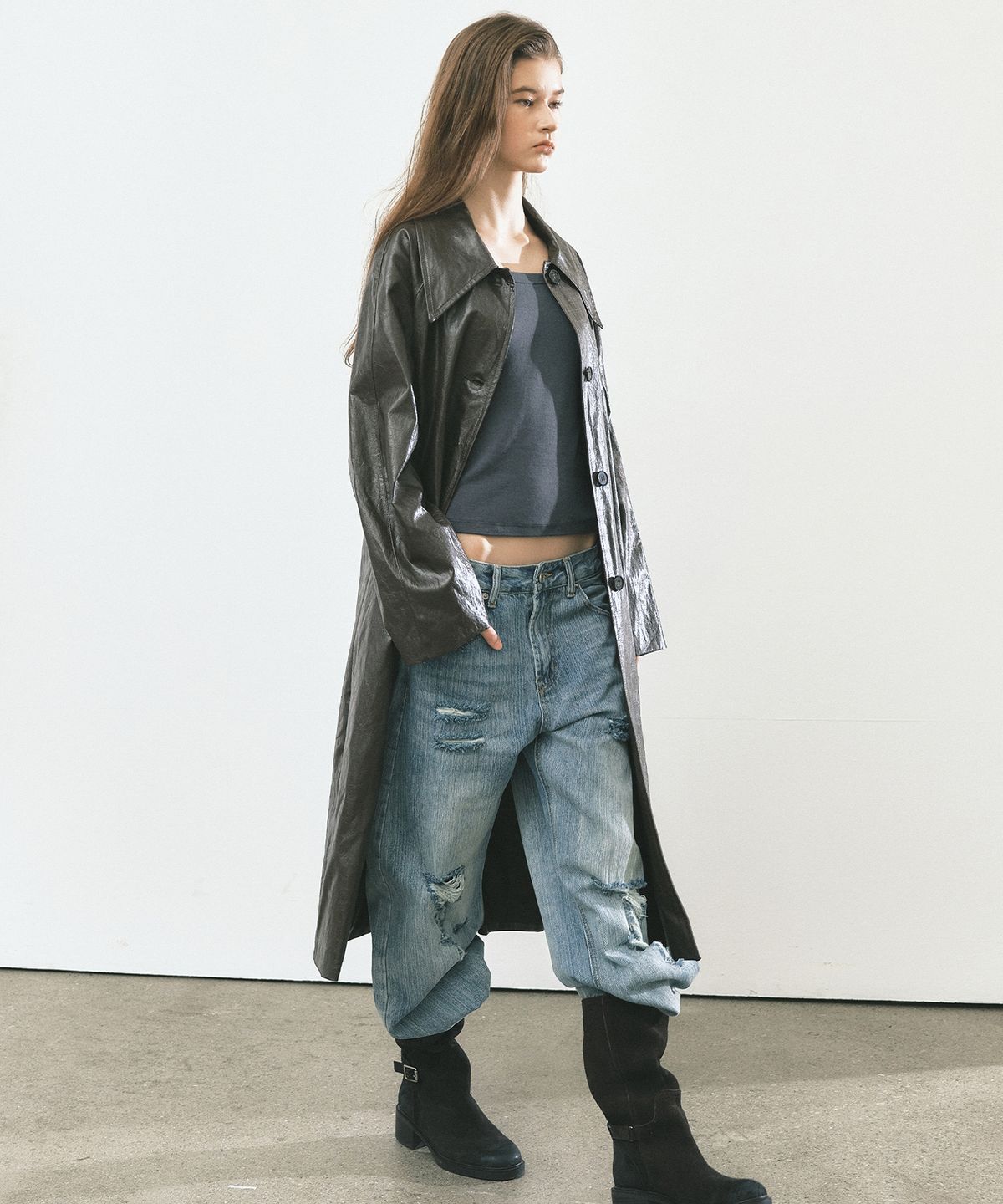 닉앤니콜(NICK&NICOLE) LEATHER BELTED LONG COAT_BROWN