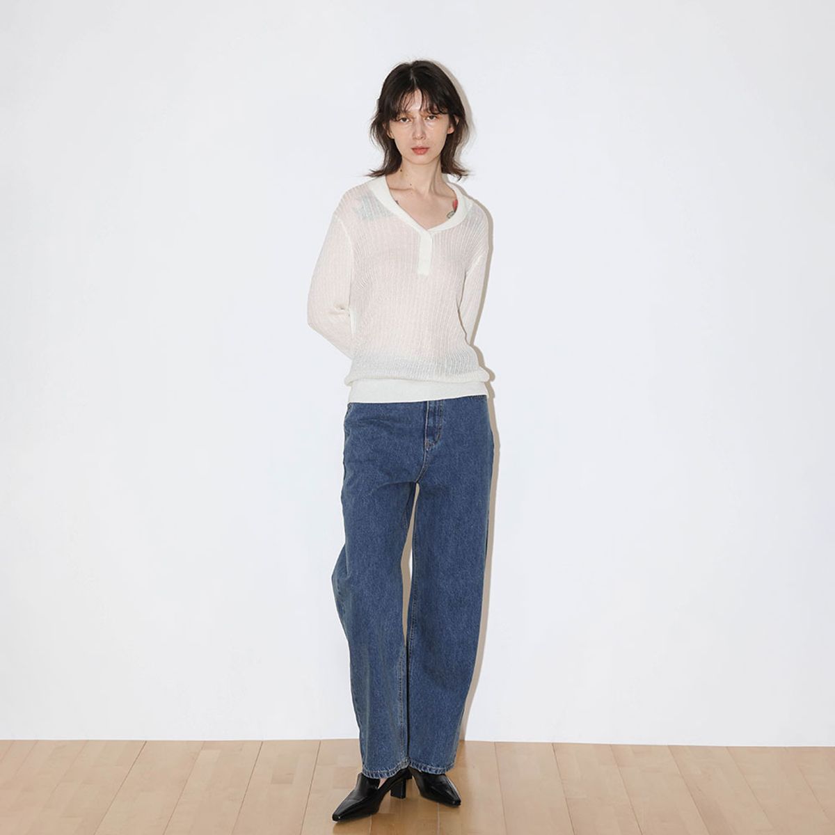 웬스데이딜라잇(WEDNESDAY DELIGHT) WD_Sheer henley knit top