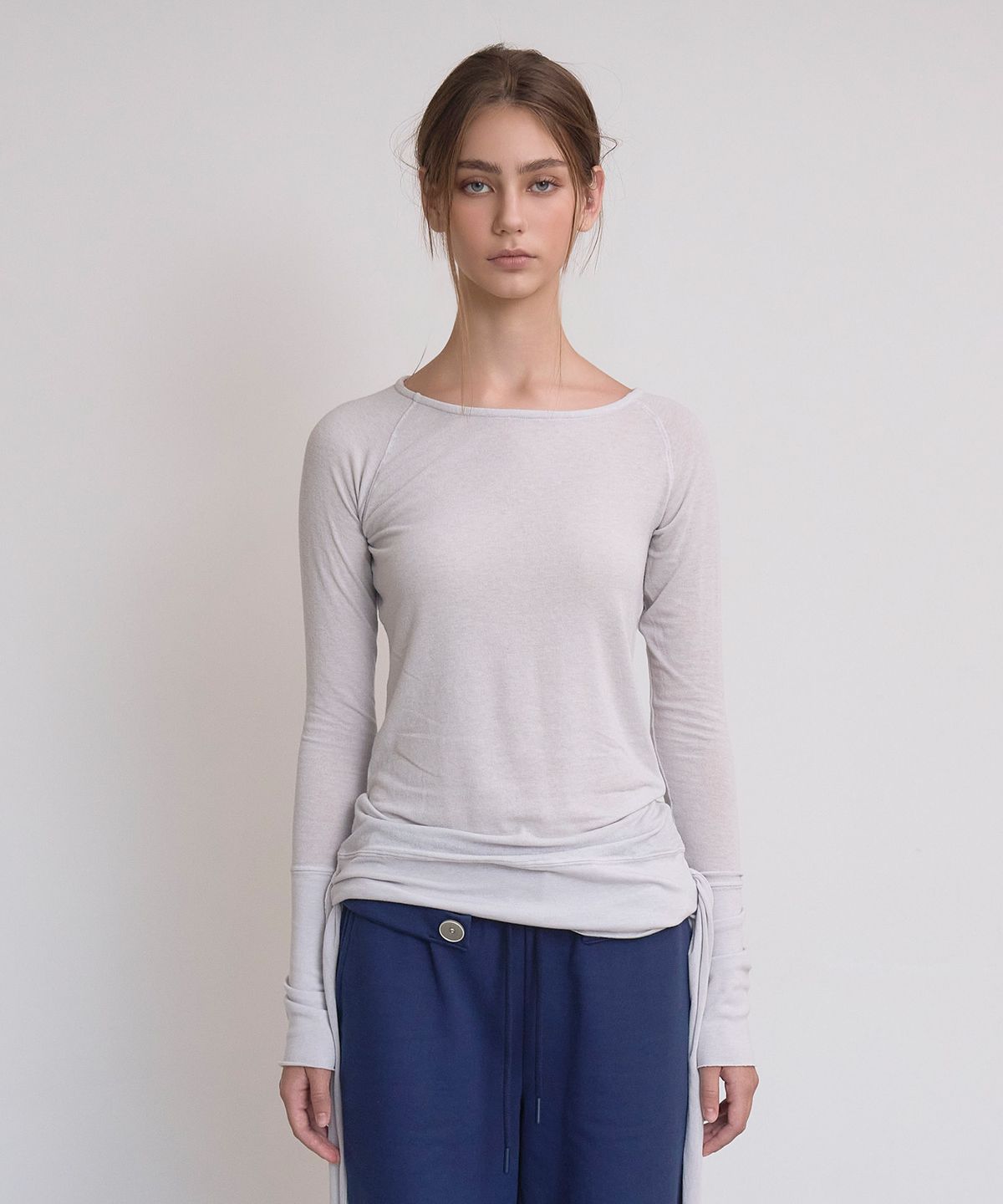 언틸디예스(UNTIL THE YES) Tie-Waist Long-Sleeve Top, Light Grey