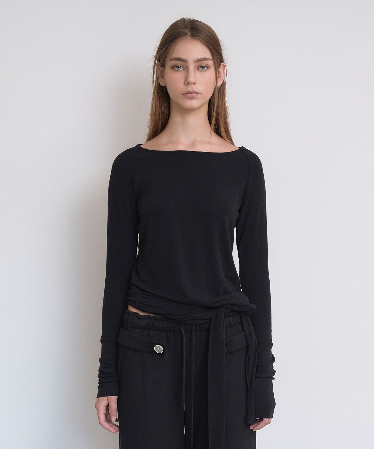 언틸디예스(UNTIL THE YES) Tie-Waist Long-Sleeve Top, Balck