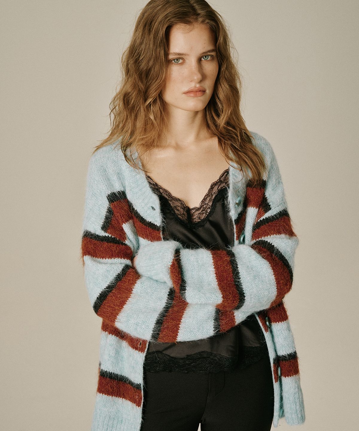 그린버터(GREENBUTTER) Hairy Stripe Cardigan (Mint)