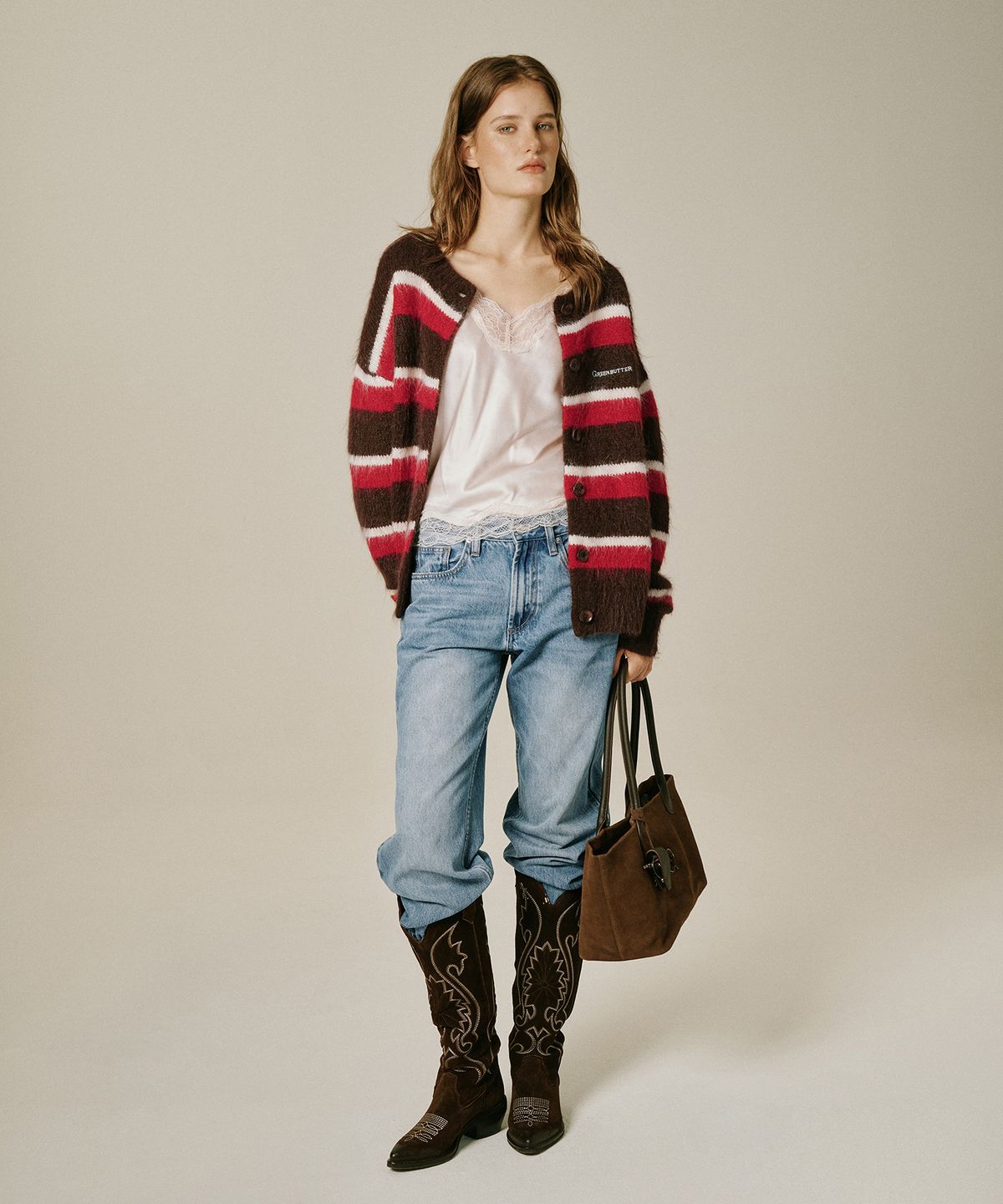 그린버터(GREENBUTTER) Hairy Stripe Cardigan (Brown)