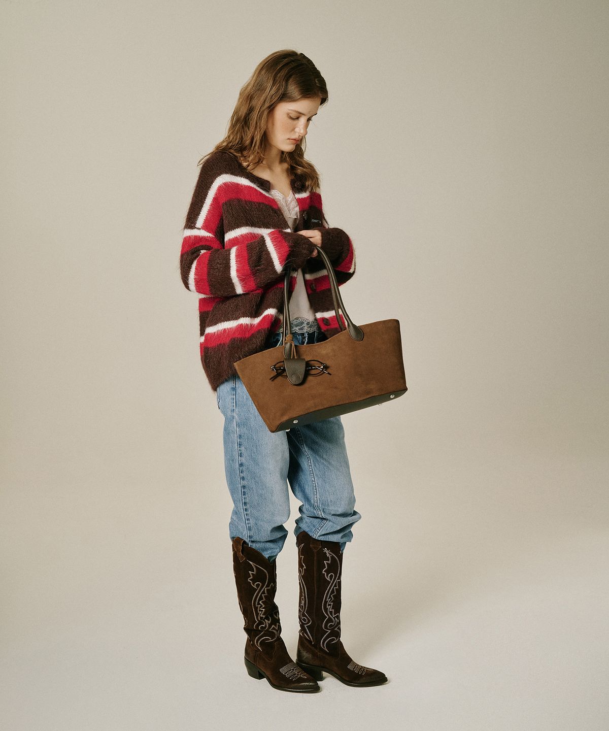 그린버터(GREENBUTTER) Hairy Stripe Cardigan (Brown)