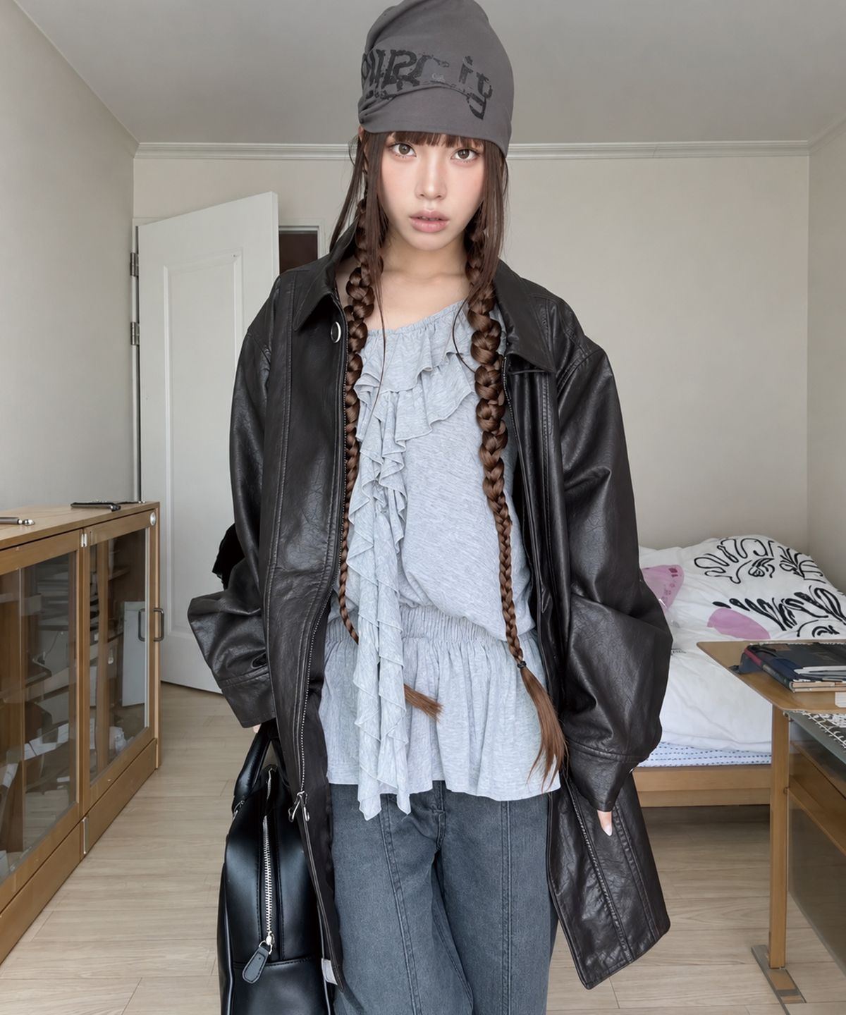 긴스키(GINSUKI) CITY WASHED LEATHER TRENCH JACKET (BROWN)