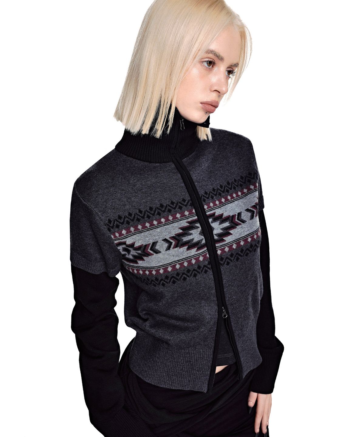세컨모놀로그(SECONDMONO) Layered High Neck Nordic Zip-Up Sweater [CHARCOAL]_SEWKT014CHARCOAL