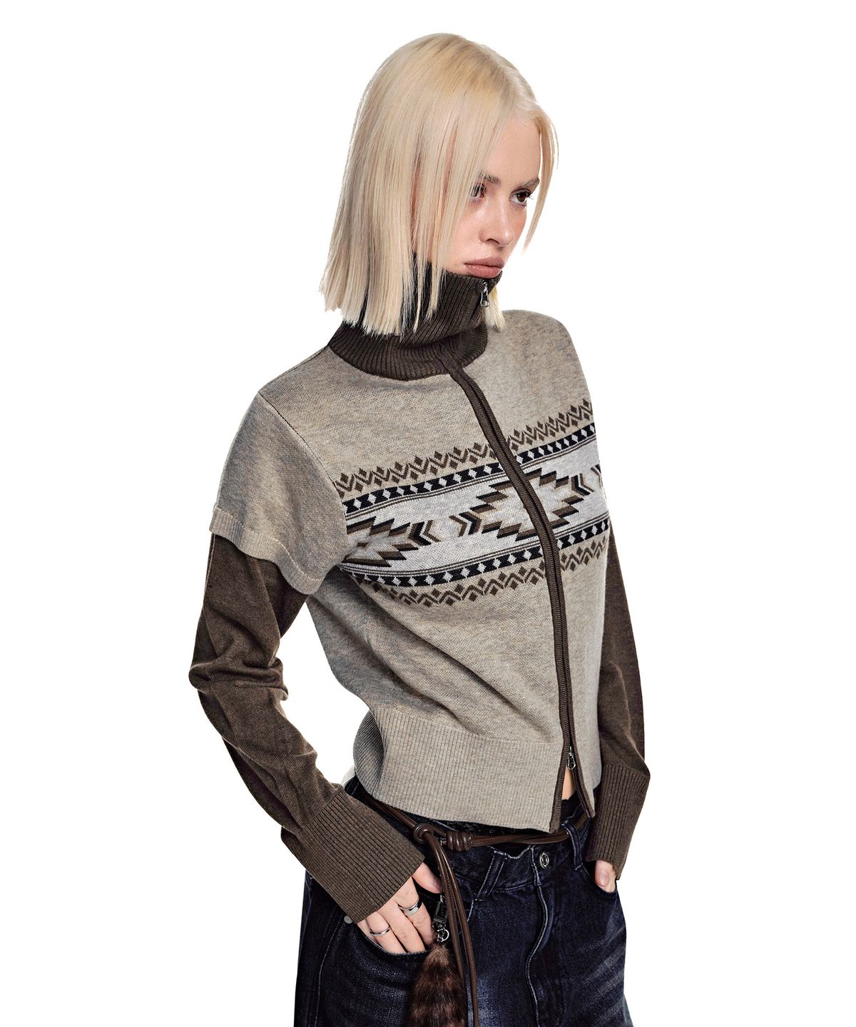 세컨모놀로그(SECONDMONO) Layered High Neck Nordic Zip-Up Sweater [BROWN]_SEWKT014BROWN