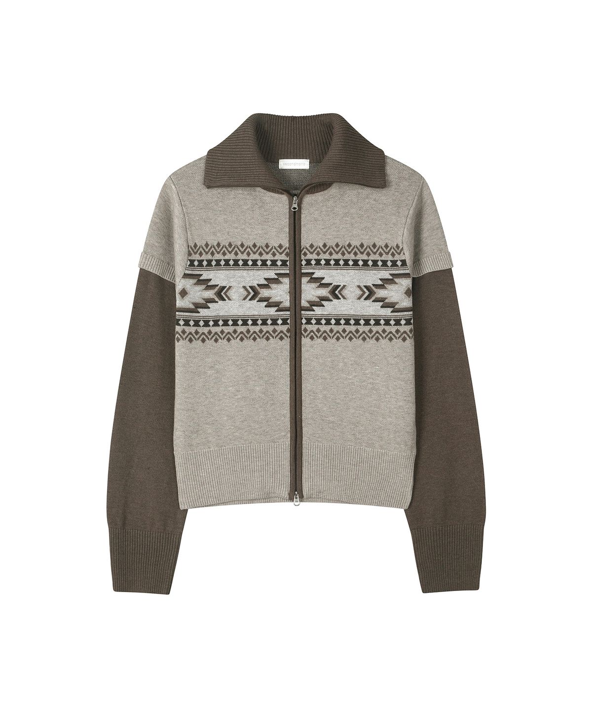 세컨모놀로그(SECONDMONO) Layered High Neck Nordic Zip-Up Sweater [BROWN]_SEWKT014BROWN