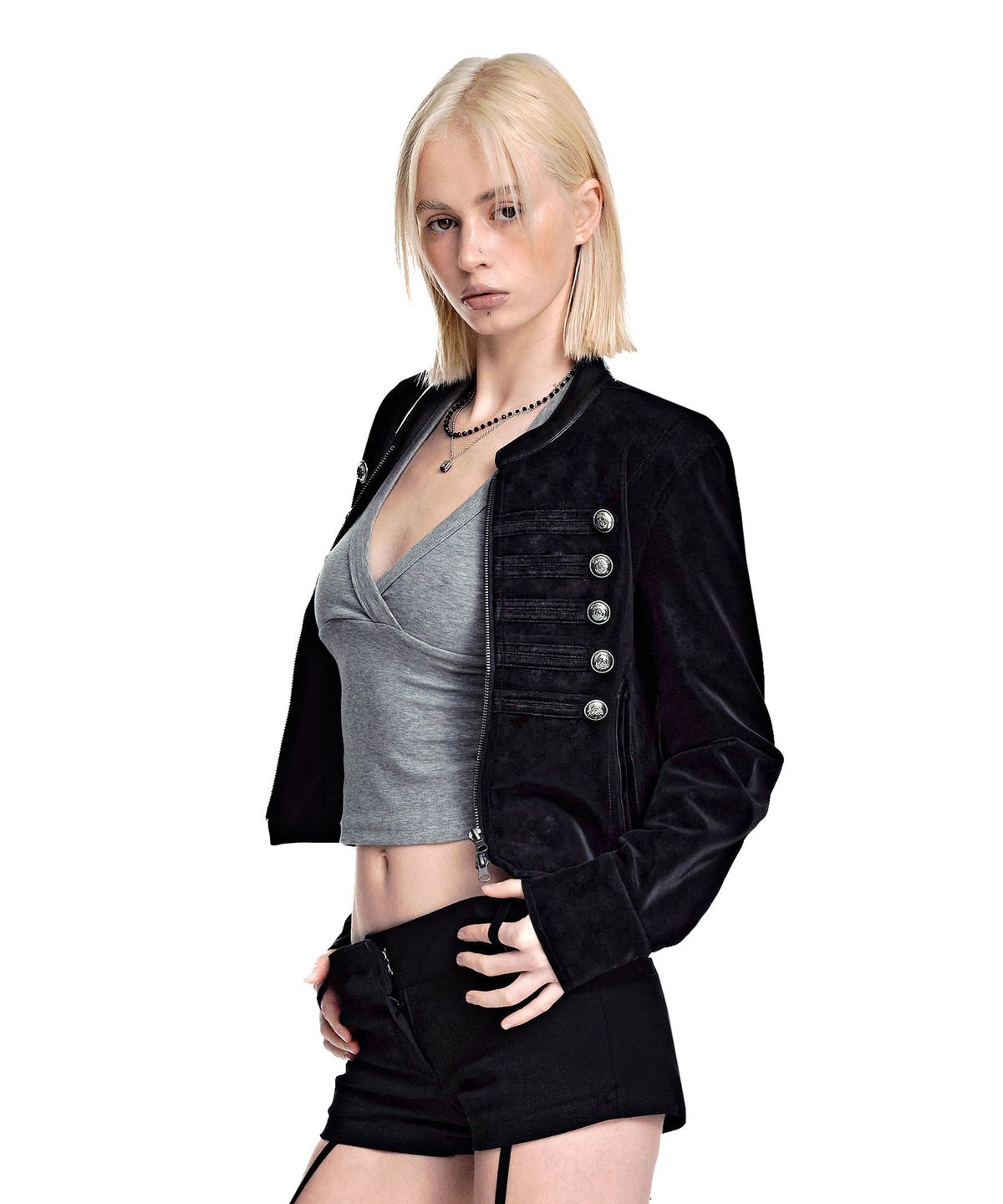 세컨모놀로그(SECONDMONO) Napoleon Faux Nubuck Cropped Jacket [BLACK]_SEWJK004BLACK