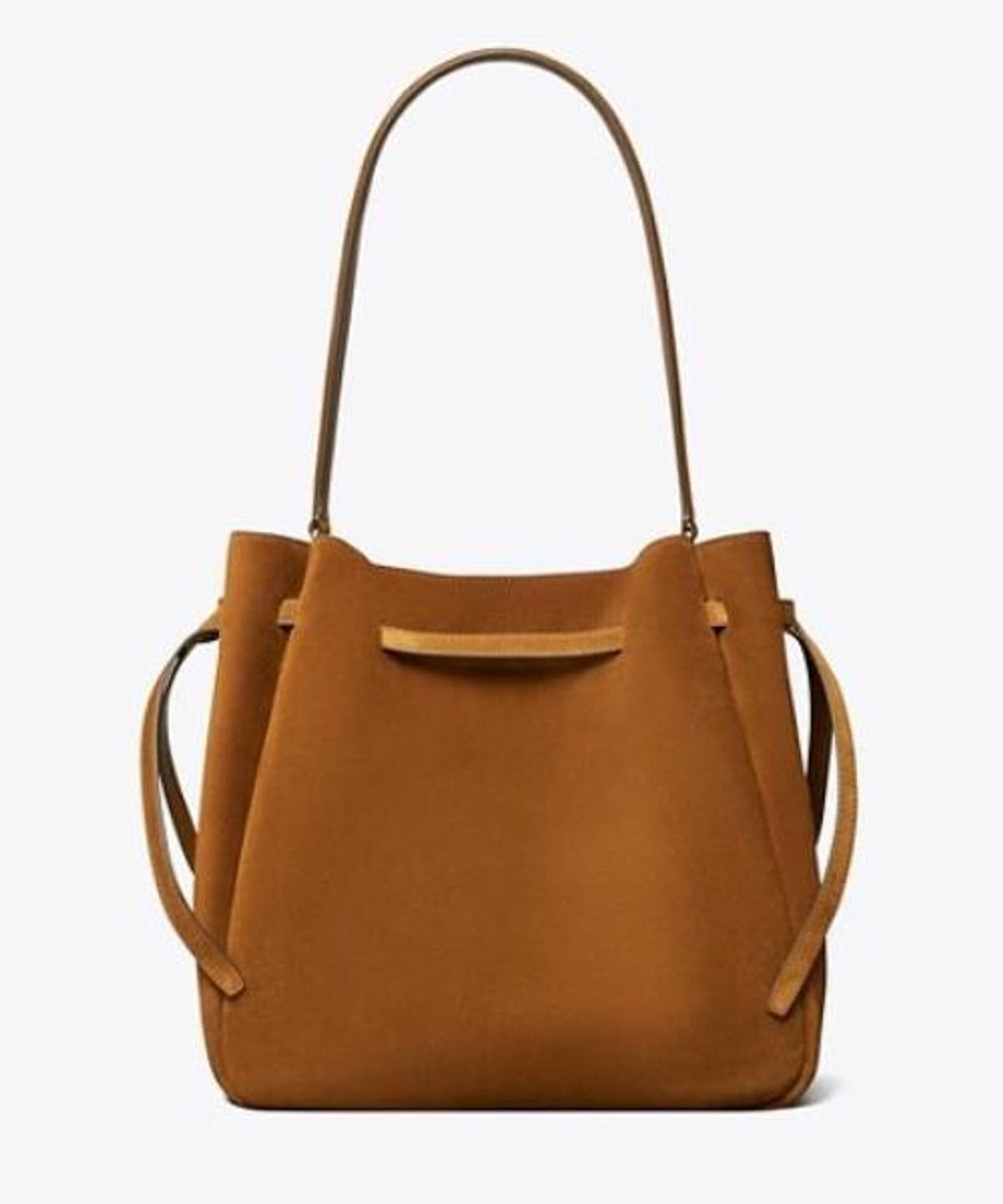 토리버치(TORYBURCH) 로미 스웨이드 라지 버킷 백 - 캐러멜