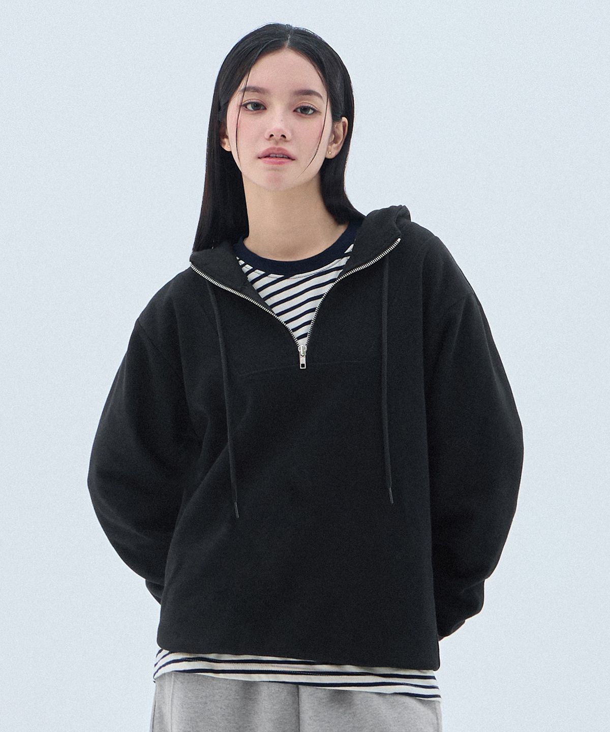 앨빈클로(ALVINCLO) 무지 반집업 레귤러핏 터틀 후드티 AVH767 (3COLOR)