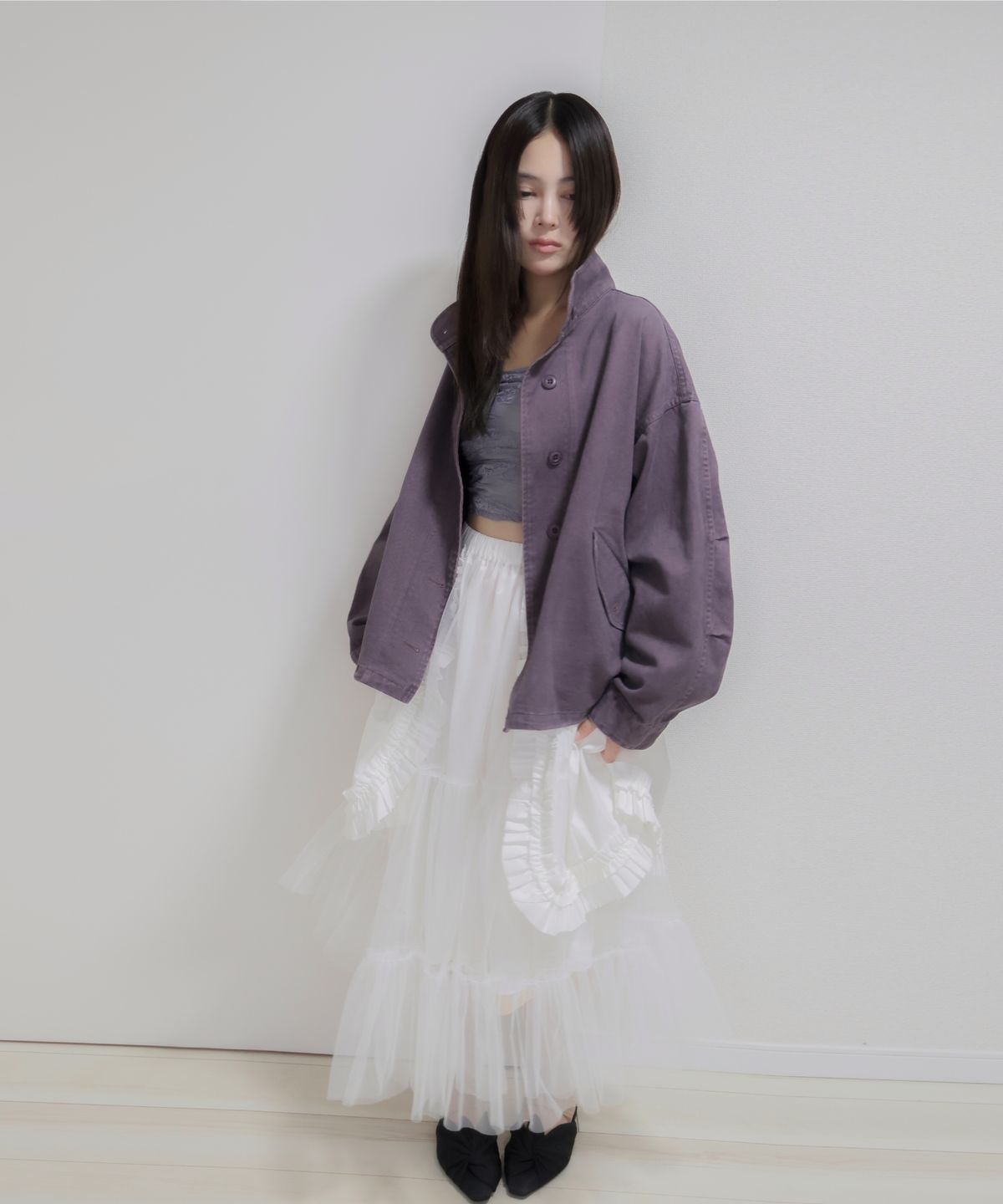 로액슈얼(LO AXUAL) 에이프런 레이어드 튤 스커트_오프화이트