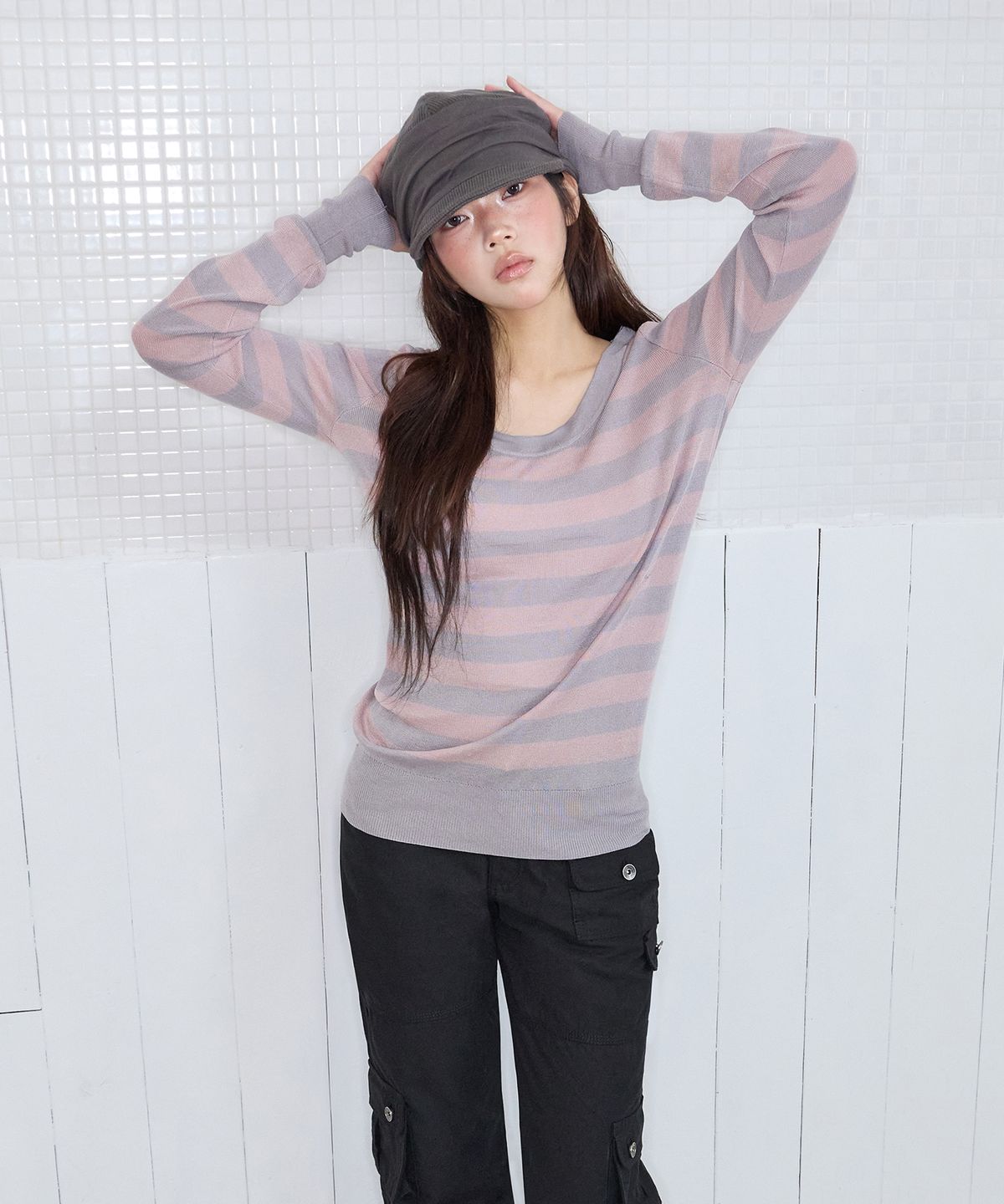 미레코(MIRECO) MELT STRIPE KNIT PINK GREY