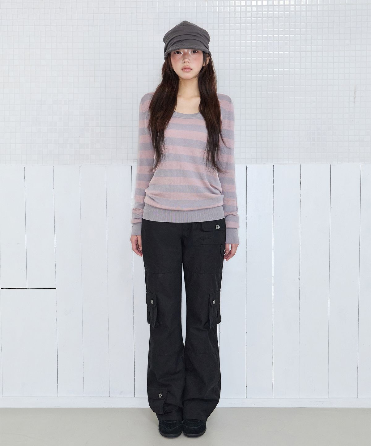 미레코(MIRECO) MELT STRIPE KNIT PINK GREY