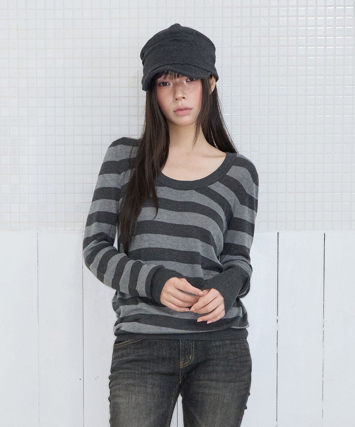 미레코(MIRECO) MELT STRIPE KNIT MELANGE GREY