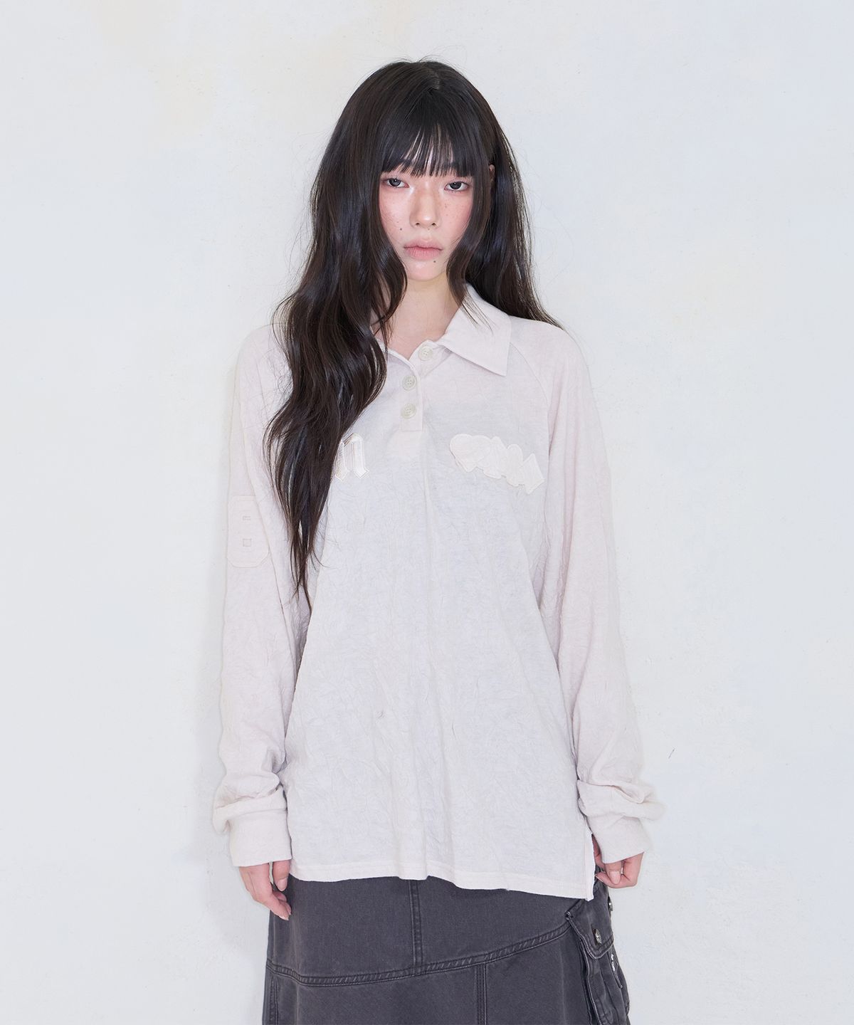 미레코(MIRECO) CRINKLED PATCH COLLAR T PINK BEIGE