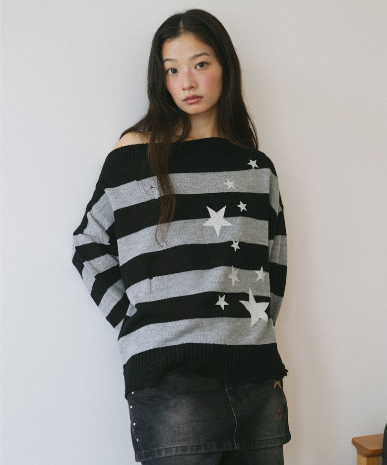 DAMAGED STAR STRIPE OFF SHOULDER KNIT BLACK(CV2GFFK620A)