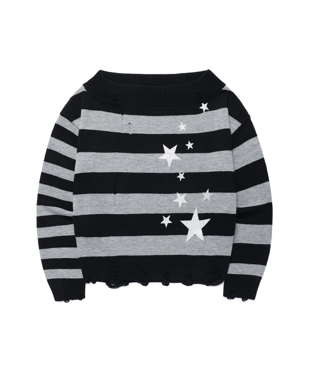 카비시(CAVISH) DAMAGED STAR STRIPE OFF SHOULDER KNIT BLACK(CV2GFFK620A)