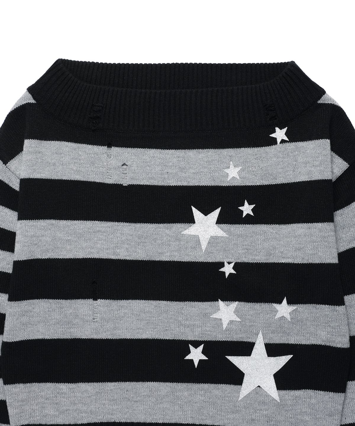 카비시(CAVISH) DAMAGED STAR STRIPE OFF SHOULDER KNIT BLACK(CV2GFFK620A)