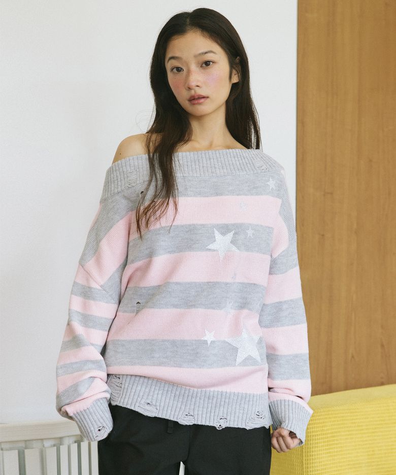 DAMAGED STAR STRIPE OFF SHOULDER KNIT PINK(CV2GFFK620A)