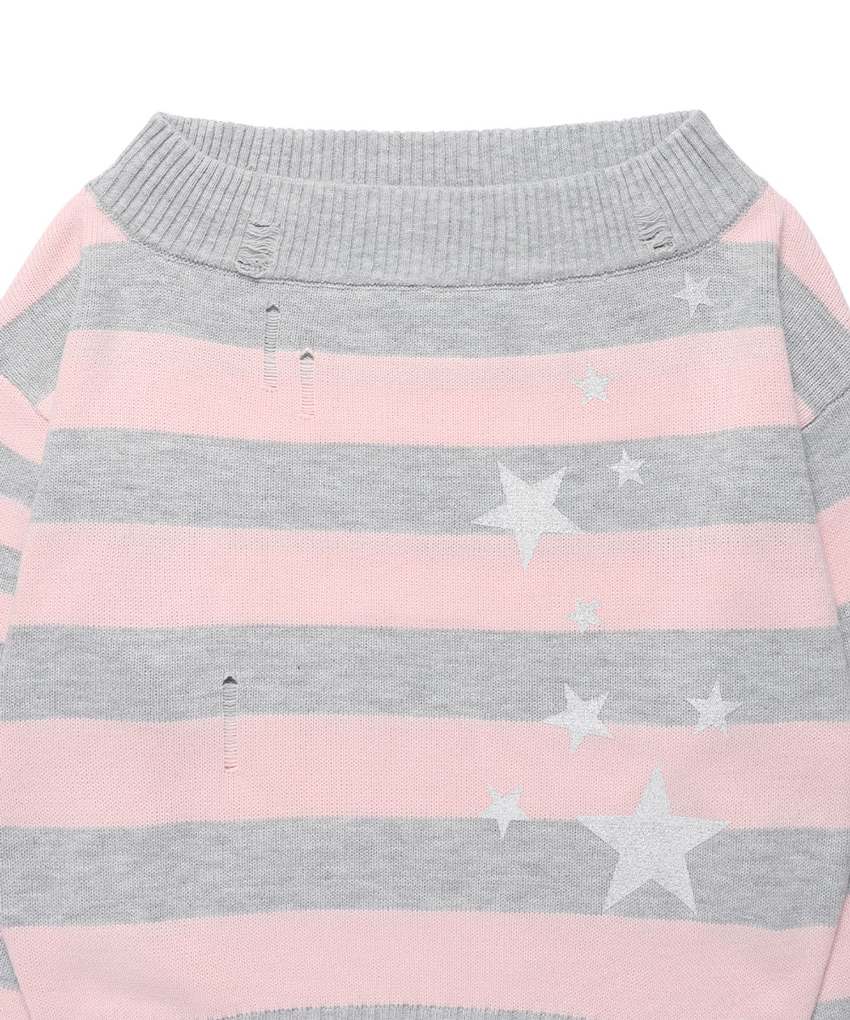 카비시(CAVISH) DAMAGED STAR STRIPE OFF SHOULDER KNIT PINK(CV2GFFK620A)
