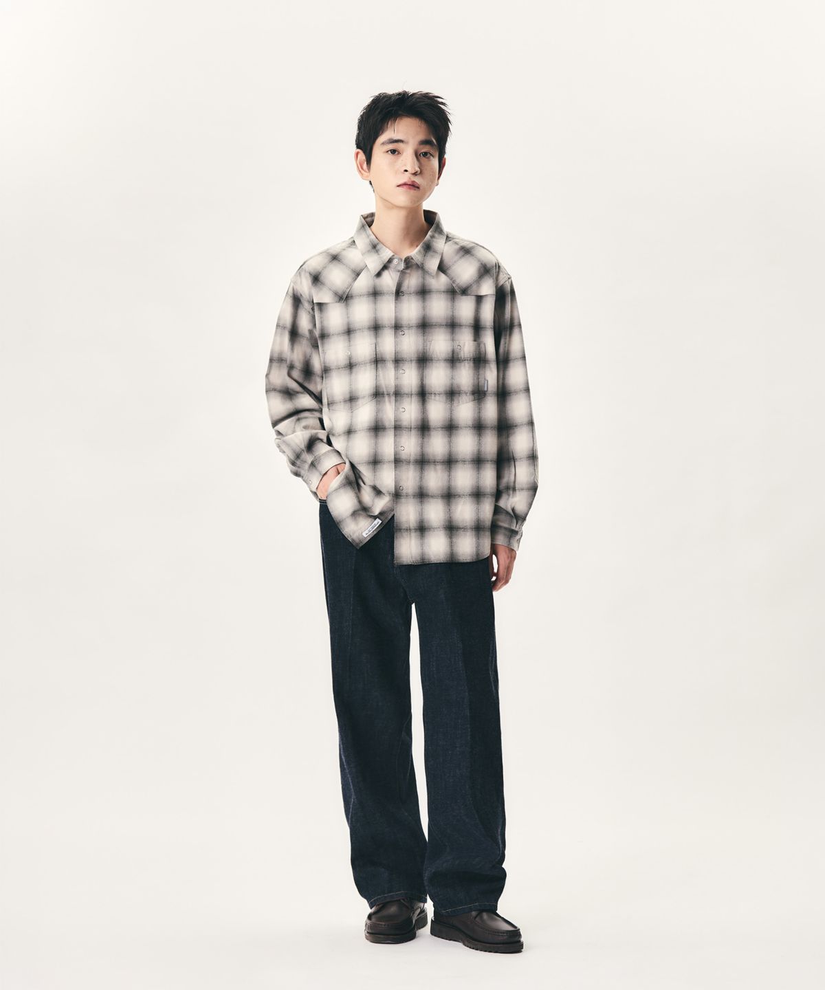 에스피오나지(ESPIONAGE) Ombre Plaid Western Shirt Grey