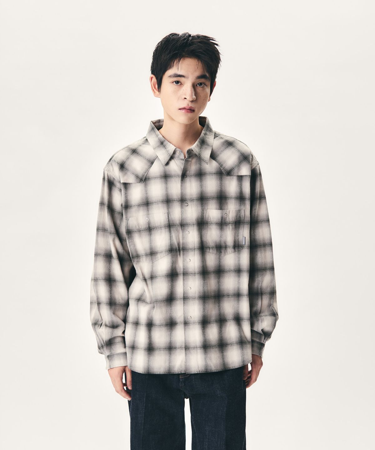 에스피오나지(ESPIONAGE) Ombre Plaid Western Shirt Grey