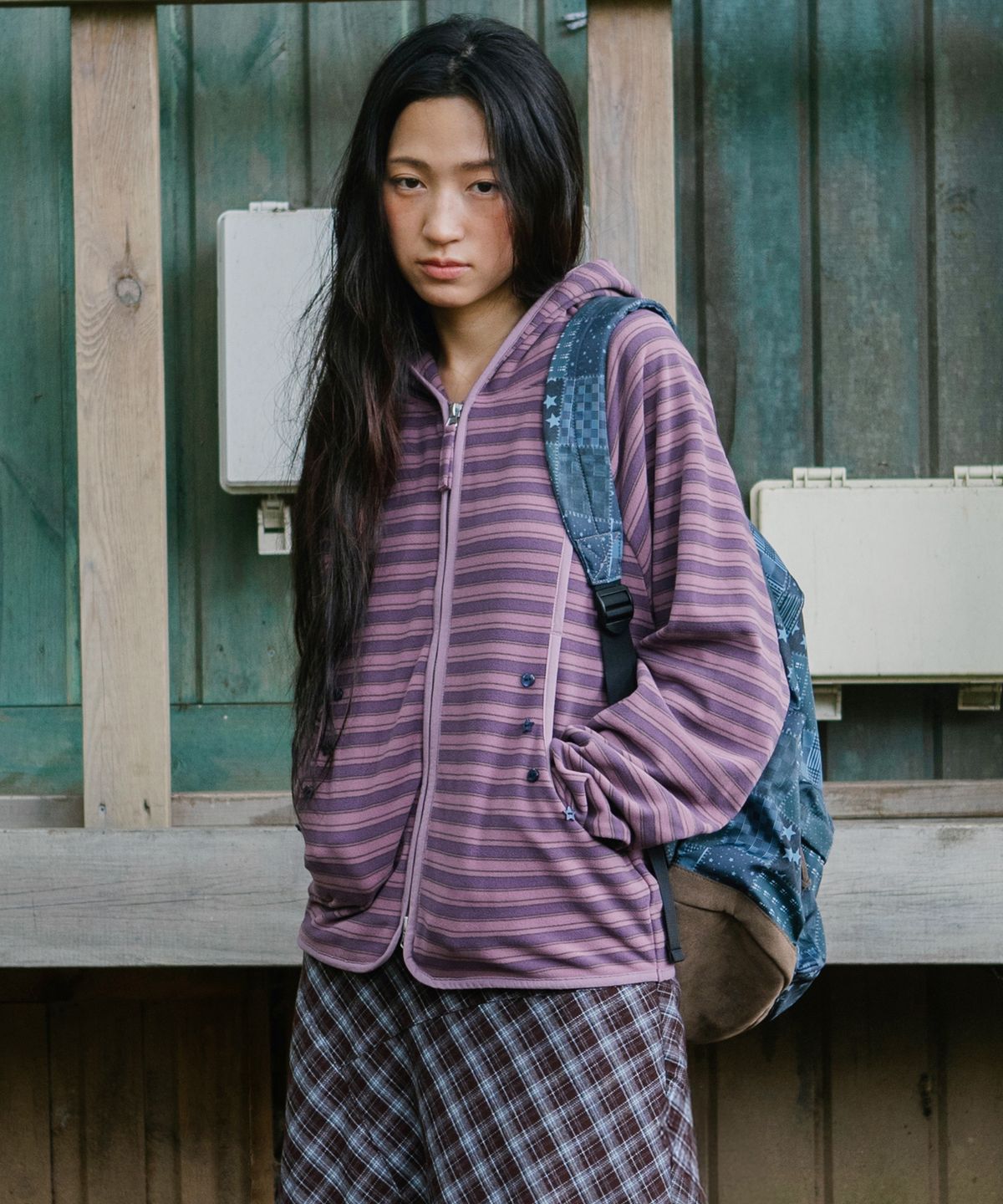 카비시(CAVISH) MULTI STRIPED FLEECE ZIP UP HOODIE PURPLE(CV2GFFM482A)